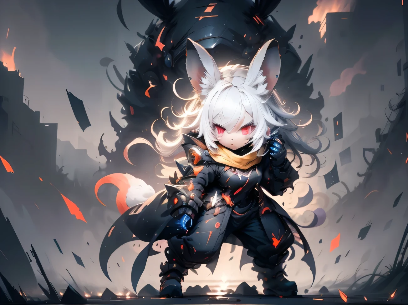 solo,1female\((chibi:1.8),cute,kawaii,,(white hair:1.7),(very long hair:1.7),bangs,(ear\(fluffy white rabbit-ear\):1.3),(only 1small rabbit-tail at hip:1.2),(red eye),big eye,beautiful shiny eye,skin color white,big hairbow,(combat suit\(body suit,(very tight:1.5),weapons\)),breast,shooting and aiming a laser gun to giant monster cat\), BREAK ,background\(city of Rubble,giant cats are destroying the city\),(close up female), BREAK ,quality\(8k,wallpaper of extremely detailed CG unit, ​masterpiece,hight resolution,top-quality,top-quality real texture skin,hyper realisitic,increase the resolution,RAW photos,best qualtiy,highly detailed,the wallpaper,golden ratio\)