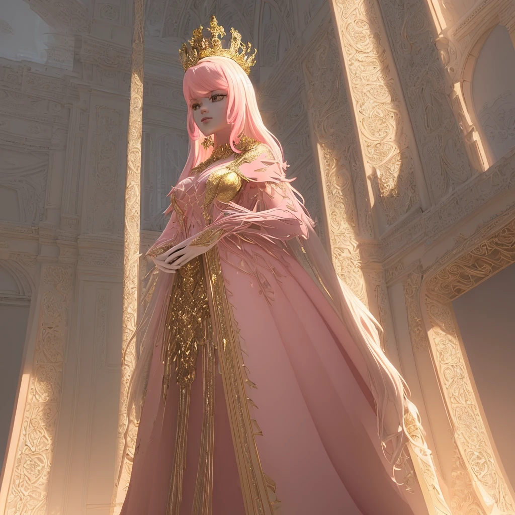 A captivating and luxurious 3D render of the name "GEMA" in exquisite, pink letters. The typography is adorned with a regal crown, and each letter is dusted with sparkling diamonds, creating a sense of royalty and opulence. The warm golden glow of the lighting enhances the vibrant pink hue and the brilliance of the diamonds. The name is enveloped in an aura of majestic presence, standing out against the solid white background. This stunning design evokes a sense of grandeur and sophistication, reminiscent of a cinematic poster or a piece of architectural art. The 3D render illustrates a sense of depth and dimension, adding to the overall cinematic feel. The vibrant pink and golden combination creates a captivating contrast against the white backdrop, making the name "GEMA" truly stand out, architecture, 3d render, cinematic, typography, vibrant, poster, illustration