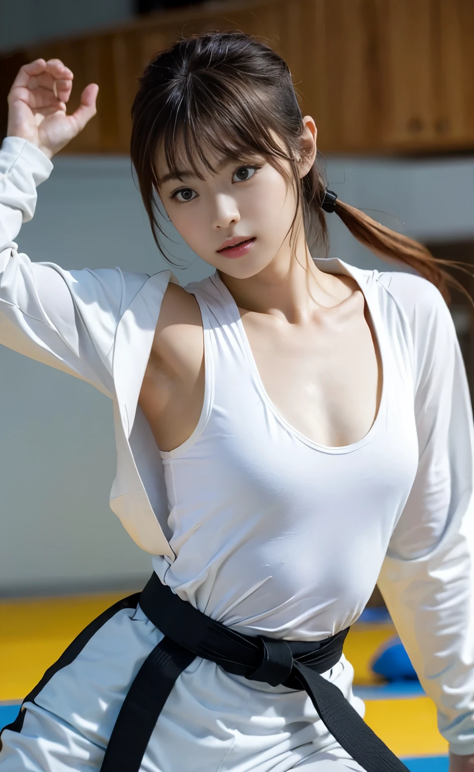 (((Perfect anatomy with perfectly aligned eyes and detailed limbs))),(((Capture the essence of the action and never miss a photo opportunity))),Shiho, a slim, muscular, beautiful karateka, practices in a large wooden dojo.,Frowning, grinding teeth, and a serious look,Fluid movement,Serious Athlete,A fluid and strong body,(((He was wearing a traditional white long-sleeved top and long pants karate uniform over a white tankini, and a faded black belt tied around his middle.))),(横から裸足のしほさんを背景をいれて全身撮Shadow),All in one,Mastering martial arts,Japanese extreme vacuum master,accurate kicks and blows,Sweat splashes,strength and discipline,sharp reflexes,controlled breathing,Dojo training,Spirit and technique body,Aiming for perfection,strategic combat,dynamic fighting techniques,Strong stance,rippling muscles,energetic punches and kicks,Focused gaze,Resolute expression,zen-like concentration,Split a wooden board using techniques,active training session,Strict discipline,competitive tournament,White-on-white color scheme,He has mastered the art of karate.,Karate as a way of life,Intense exercise,burst of energy,Fierce determination,Unwavering Heart,battle-tested karateka,crush your opponent with precision,Indomitable,Perfect technique execution,Embodying the essence of karate kata.Focus on the face,Like a movie,texture,Detailed face,Detailed skin,Detailed fingers,Natural Hand 2-3500,Analog Film Photography,Deep Photo,Deep depth of field for beautiful background blur,Ferrania P30 Film,Shadow,Perfect face and body,35mm Photography,(((Beautiful hair neatly braided))),(Fine, light-reflecting particles create cartoon-like airflow),4K Digital SLR Camera,Film Grain,Fujifilm XT3,(Saiharu Body),(Delicate eyes and face),Professional Perspective,Amazing details,Beauty condensed into one girl,Beautiful face with a delicate and high nose,Coke bottle body,A handsome face with a high, straight nose, clear chestnut eyes and glossy lips.,I used a Nikon D5 and set the F value to F1..4 ISO100 Shutter speed 1/500,8K highest quality,Create photos with striking contrast between light and shadow,