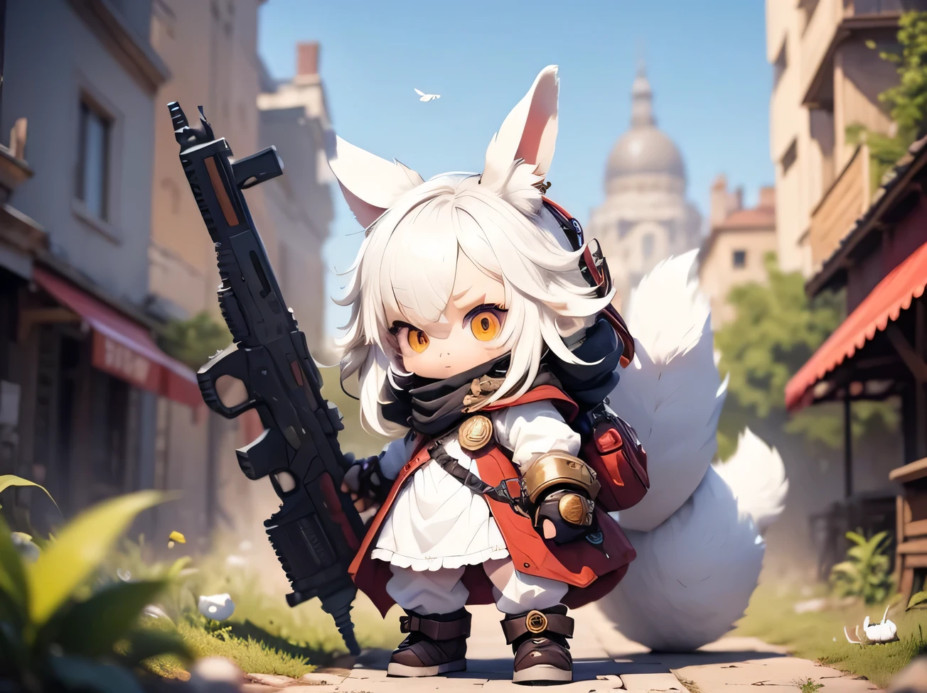 solo,1female\((chibi:1.8),cute,kawaii,,(white hair:1.7),(very long hair:1.7),bangs,(ear\(fluffy white rabbit-ear\):1.3),(only 1small rabbit-tail at hip:1.2),(red eye),big eye,beautiful shiny eye,skin color white,big hairbow,(costume\(combat suit,bodysuit,(very tight:1.5),(show body line:1.2),weapons\)),breast,shooting and aiming a laser gun to giant monster cat\), BREAK ,background\(city of Rubble,giant cats are destroying the city\),(close up female), BREAK ,quality\(8k,wallpaper of extremely detailed CG unit, ​masterpiece,hight resolution,top-quality,top-quality real texture skin,hyper realisitic,increase the resolution,RAW photos,best qualtiy,highly detailed,the wallpaper,golden ratio\)