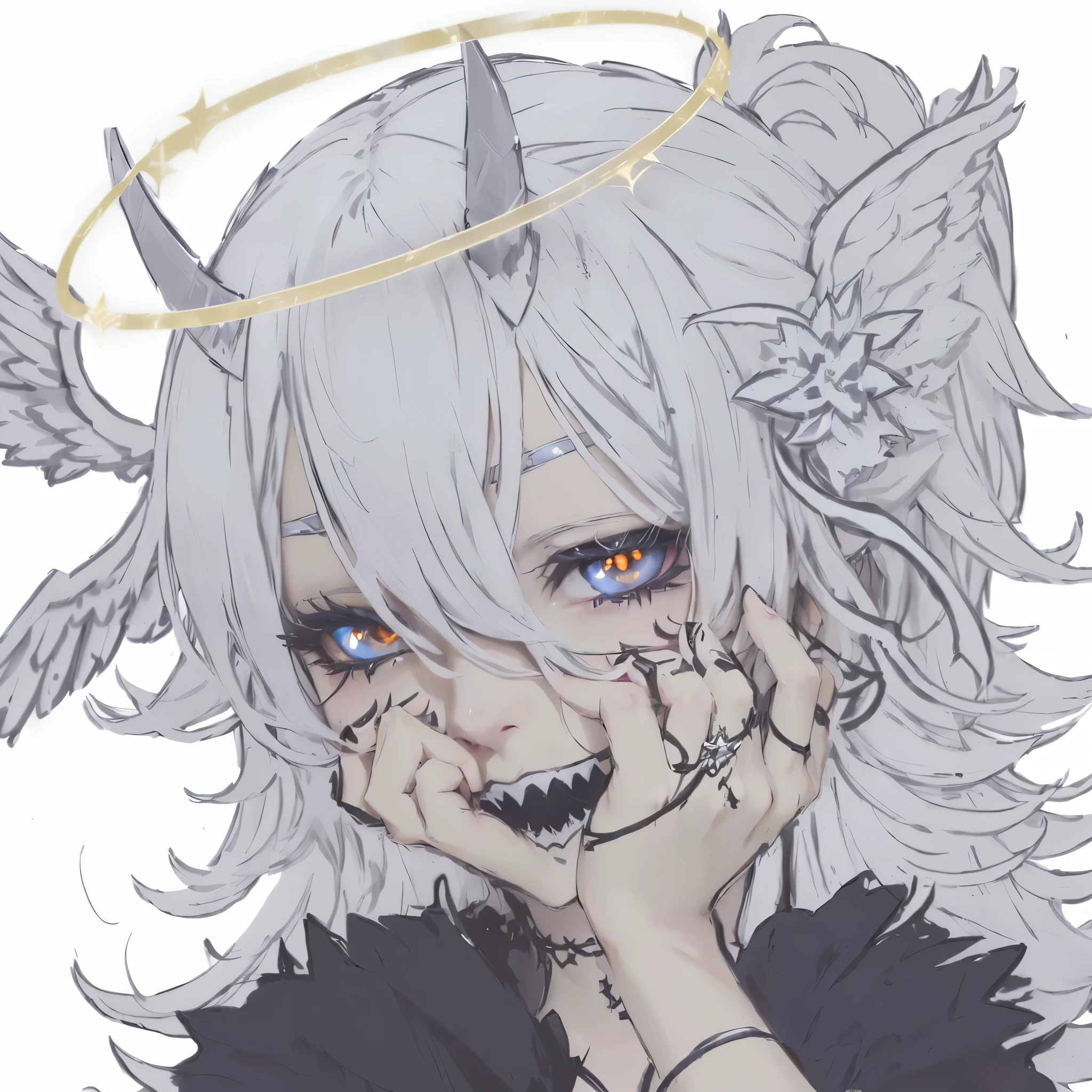 anime girl with angel wings and a halo on her head, demon anime girl, demon girl, white haired deity, mika kurai demon, portrait demon half human, anime monster girl, [[[[grinning evily]]]], ahegao, demon slayer rui fanart, discord pfp, white horns queen demon, anime style hyper detailed