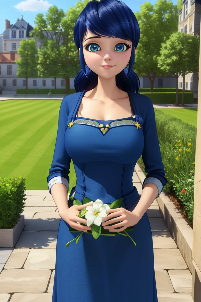 (8k, RAW photo, best quality, masterpiece:1.2), (intricate details), perfect eyes, perfect face, perfect lighting, beautiful, (masterpiece:1.2), (best quality:1.2), 1girl, solo, marinette, blue hair, ((loosen hair)), adult torso, 19 years old, slight smile, huge sized breasts, ( in blue dress,) in a garden