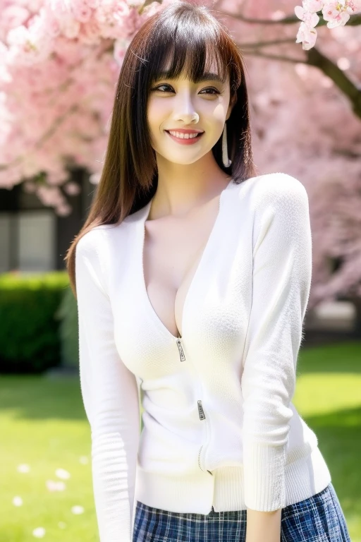 ((masterpiece, best quality, highres, UHD, perfect pixel, depth of field, 4k, RTX, HDR))), 1girl, single, solo, beautiful girl, beautiful artstyle, character, ((long hair, bangs, brown hair, hair pin)), (green eyes:1.4, rounded eyes, beautiful eyelashes, realistic eyes), (detailed face, blushing:1.2), (smooth texture:0.75, realistic texture:0.65, photorealistic:1.1, CG style), medium breasts, cleavage:0.75, (dynamic angle, dynamic pose:1.4, pov, close up, looking to viewer), perfect body, (white sweater, cardigan sweater), ((black skirt:1.5, plaid skirt)), sly smile, open mouth, amusement park, outdoor, cherry blossoms