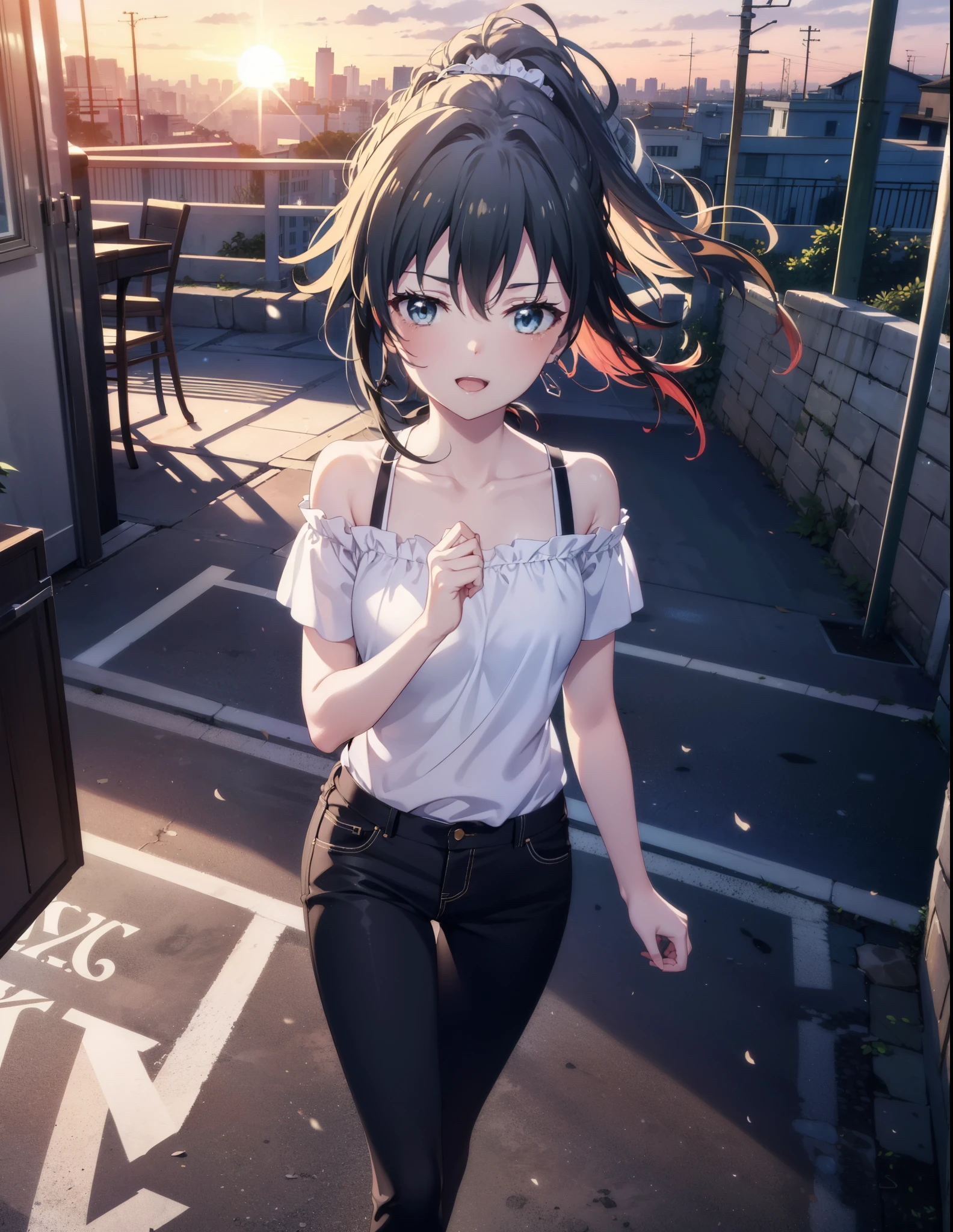 yukinoyukinoshita, yukino yukinoshita, Black Hair, blue eyes, Long Hair, Ahoge,ponytail,happy smile, smile, Open your mouth,Cold shoulder tops,Short sleeve,skinny pants,Stiletto heels,Walking,morning,morning陽,The sun is rising,whole bodyがイラストに入るように,Looking down from above,
break outdoors, In town,Building district,
break looking at viewer, whole body,
break (masterpiece:1.2), highest quality, High resolution, unity 8k wallpaper, (figure:0.8), (Beautiful fine details:1.6), Highly detailed face, Perfect lighting, Highly detailed CG, (Perfect hands, Perfect Anatomy),