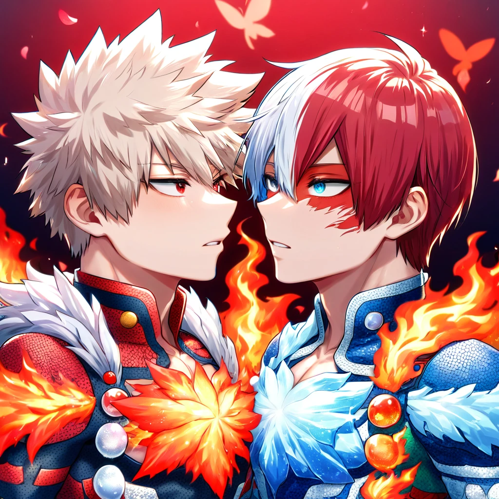 Ultra detailed, Highres, absurdres, HDR, Todoroki Shouto, bicolored hair, white right side hair, red left side hair, expressive blue eyes, Bakugo Katsuki, ash blond hair, expressive red eyes, red flowers, Boku No Hero Academia, petals, handsome, two sexy man together, gay couple, yaoi, love, very detailed eyes and face, glittering red butterflies, master piece, toned chest, glittering, fantasy, cross, red background, red flames, magical, fire and ice, prince clothes with patterns