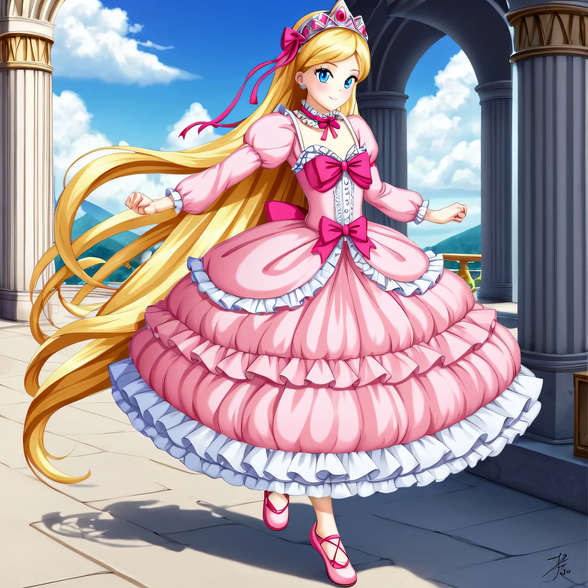 ,highest quality, masterpiece, highest resolution, artwork, 3K realistic photos,,(( girls)),Super detailed baby face,both arees,Full length ball gown dress with hoop skirt,ruffled yoke collar,Detailed braided ribbon on chest,puff sleeves,long sleeve,((Lolita style hot pink detailed princess satin dress、Comes with lots of frills and ribbons。)),shiny silk satin dress,soft and smooth silk satin fabric,luxury,Very long blonde hair,blue eyes,white skin european,pajamas,((Outside the palace)),Princess dancing happily,gorgeous flowing dress,fine white frills and lace,Super long hair that is as tall as your body,the princess is running
