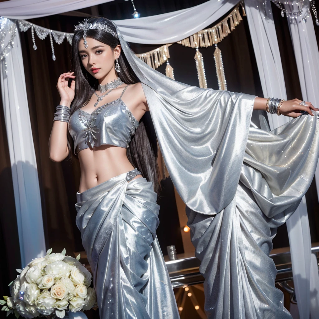 4K, UHD, masterpeice, 1 girl, good face, detailed eyes, detailed lips, very long hair, straight hair, very long hair, beautiful hair, hair ornaments, hairband, gradient hair, ((silver Saree)), ((bridal Saree)), ((decorated blouse)), sardine, ((ornament Saree)), ((silver lace)), ((diamond bracelet)), ((pendant)), Pearl, ornaments, necklace, earring, high lighting, ((bare stomach)), ((in the wedding stage)), silver color, depth of field, ray tracing, ultra realistic detailed,
