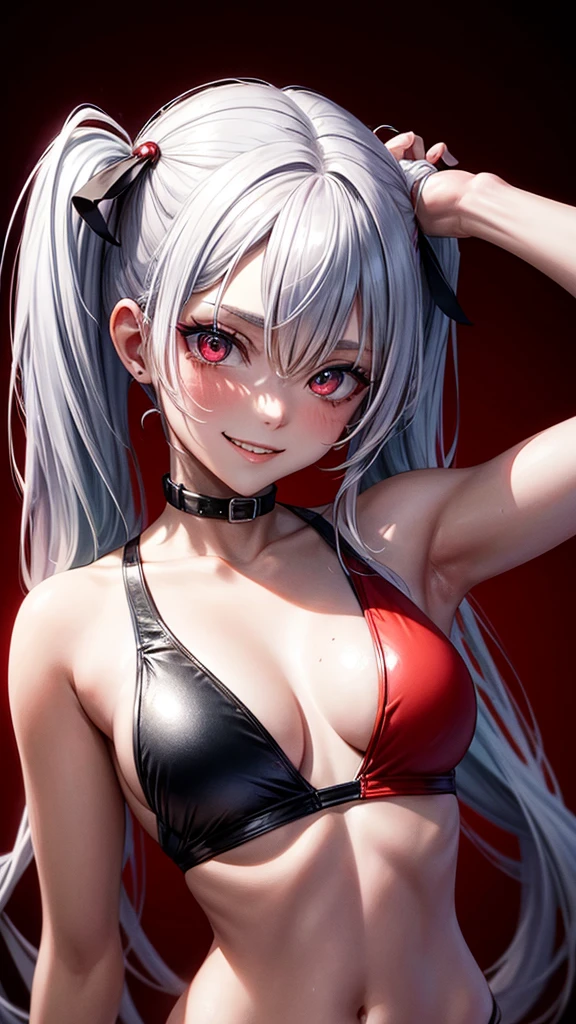 tattoo girl, very beautiful, murderous, Harley Quinn, crazed look, dark background, 8K, dynamic wallpaper, very delicate, very dense, creepy smile, close up to camera, dripping red one piece swimsuit, red sky beach background, upper body