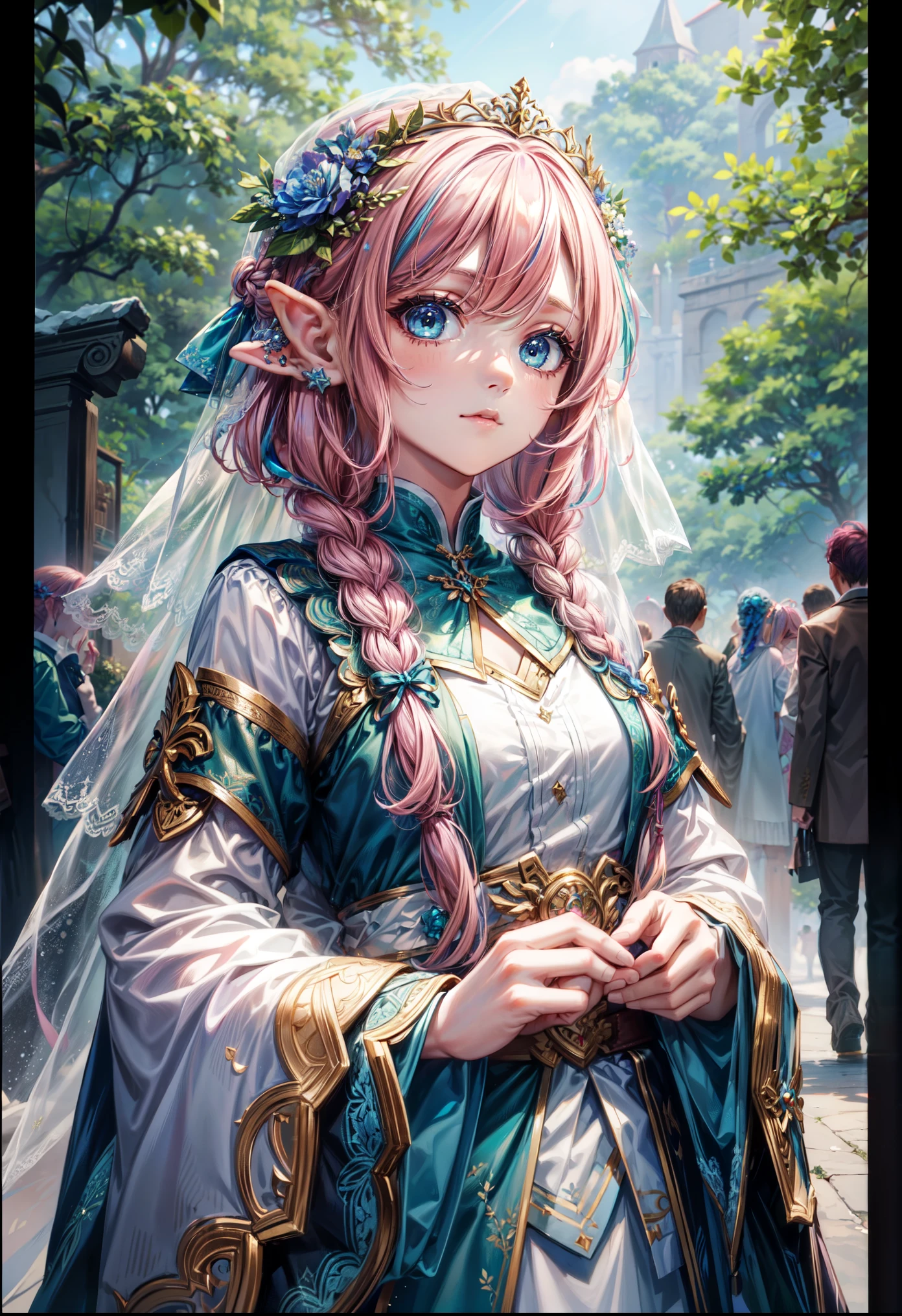 1 girl, (alone:1.3), ,((best quality)), ((masterpiece)), (detailed), perfect face, elf, young, festival., , pink hair, braid, ,sexy , green blue eyes , flower,bride
