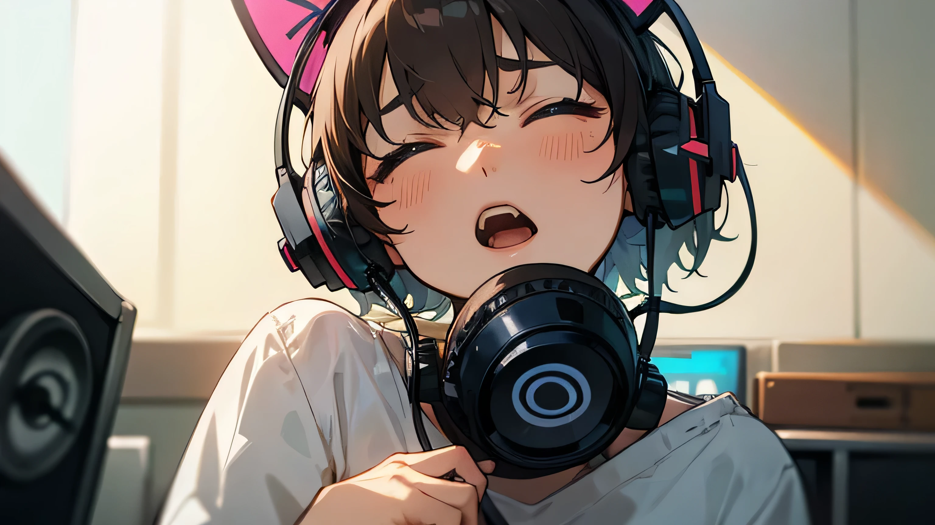 Room with speakers、Cat with headphones、Upper body close-up、Yawn