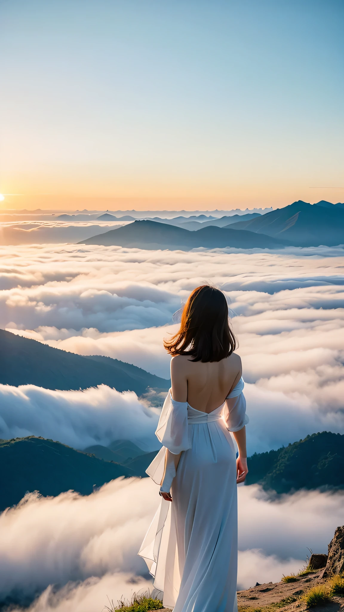 mystery,Standing on the top of the mountain,The back of a woman,Watch the sunrise over the mountains to the east,Look at the sea of clouds,The sun is so charming