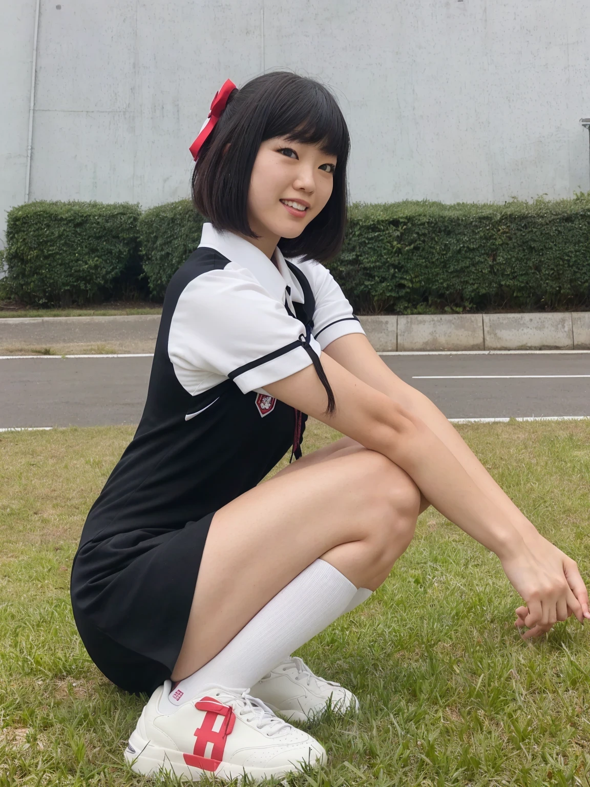 There is a woman kneeling on the grass with a tennis racket, chiho, Seifuku, japanese girl , japanese , usando falda y calcetines altos, chica vestida de uniforme, shikamimi, vestida de colegiala, Chica de escuela, Usando uniforme escolar, wearing japanese , akane owari danganronpa, de una pose