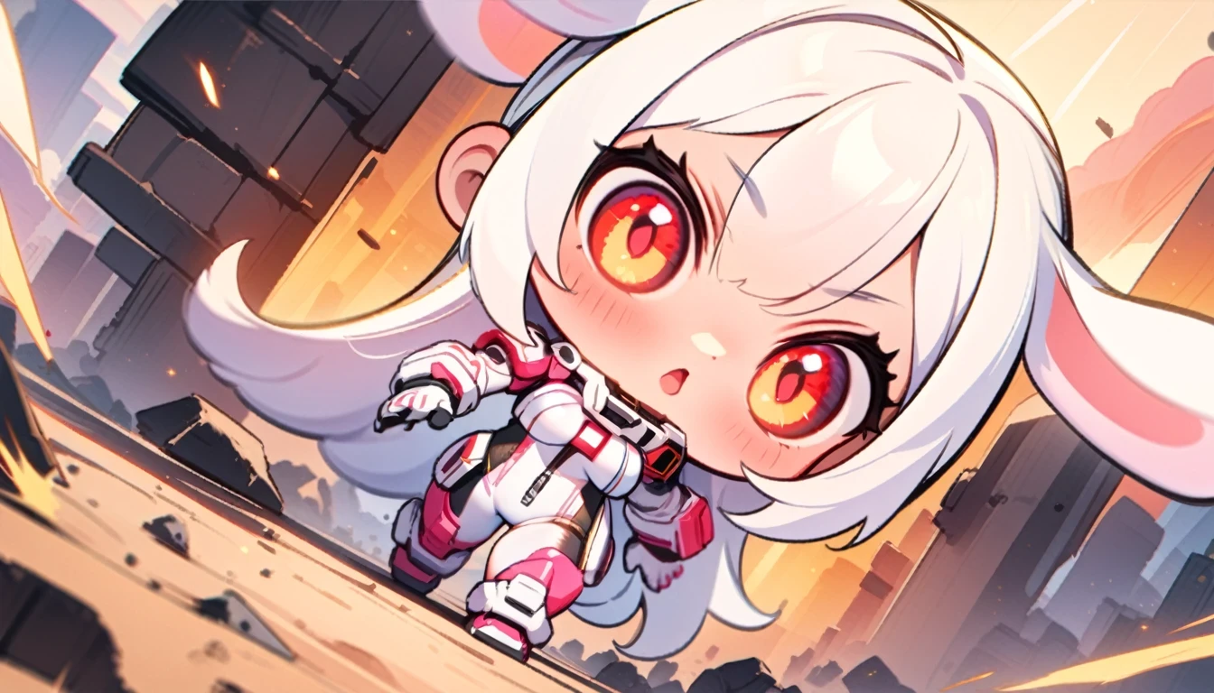 1female\((chibi:1.8),cute,kawaii,,(white hair:1.7),(very long hair:1.7),bangs,(ear\(fluffy white rabbit-ear\):1.3),(only 1small rabbit-tail at hip:1.2),(red eye),big eye,beautiful shiny eye,skin color white,big hairbow,(costume\(combat suit,bodysuit,(very tight:1.5),(show body line:1.2),weapons\)),breast,shooting and aiming a laser gun to giant monster cat,dynamic action\), BREAK ,background\(city of Rubble,giant cats are destroying the city\), BREAK ,quality\(8k,wallpaper of extremely detailed CG unit, masterpiece,hight resolution,top-quality,top-quality real texture skin,hyper realisitic,increase the resolution,RAW photos,best qualtiy,highly detailed,the wallpaper,golden ratio\),(dynamic angle:1.5)