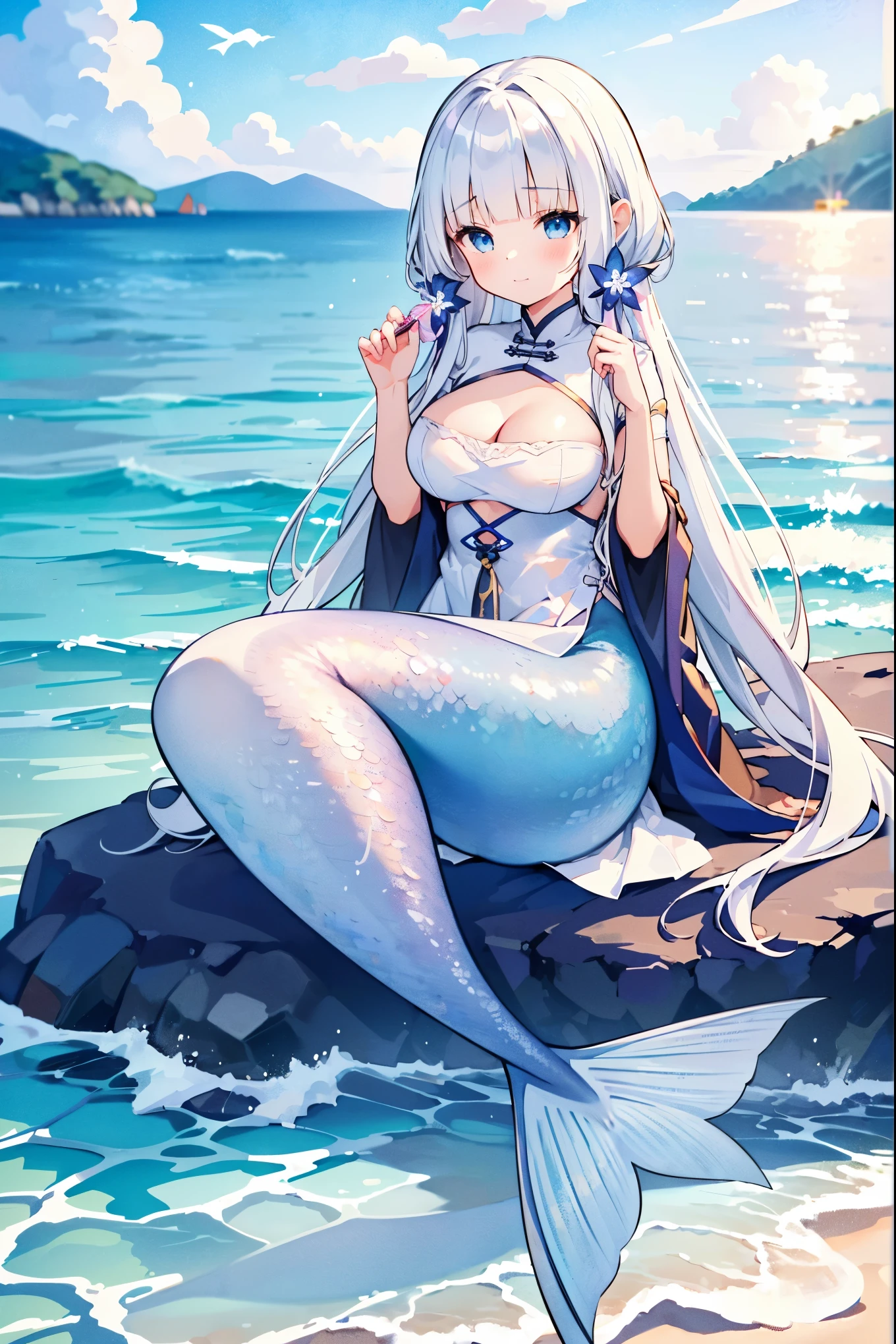 masterpiece, best quality,A girl,solo,illustrious (maiden lily's radiance) (azur lane),White hair,Very long hair,blue eyes,dress,China costume,Official Alternate Costumes,Large Breasts,Mermaid,白色的Mermaid尾巴,full-body shot,Sitting on the beach,Sea view