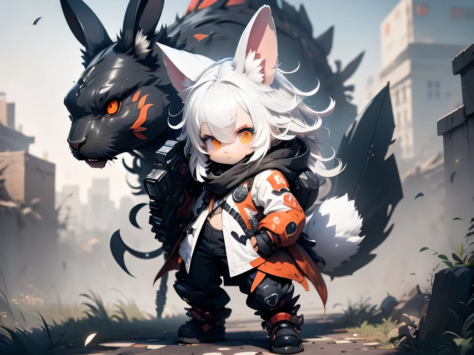 solo,1female\((chibi:1.8),cute,kawaii,small kid,(white hair:1.7),(very long hair:1.7),bangs,(ear\(fluffy white rabbit-ear\):1.3),(only 1small rabbit-tail at hip:1.2),(red eye),big eye,beautiful shiny eye,skin color white,big hairbow,(combat suit\(body suit,(very tight:1.5),weapons\)),(breast),shooting and aiming a laser gun to giant monster cat\), BREAK ,background\(city of Rubble,giant cats are destroying the city\),(close up female), BREAK ,quality\(8k,wallpaper of extremely detailed CG unit, ​masterpiece,hight resolution,top-quality,top-quality real texture skin,hyper realisitic,increase the resolution,RAW photos,best qualtiy,highly detailed,the wallpaper,golden ratio\)