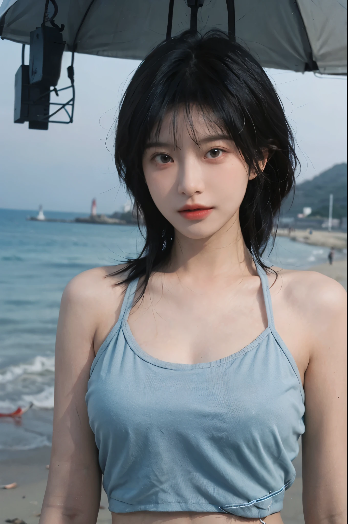 Best quality,Ultra-high resolution,(lifelike:1.4),Cute hairpin,2girll,Short blue hair,jk,Big breasts:1.4,Blush,Slim beauty:1.4,Visible abdominal muscles,on the beach,Ultra-fine face,Exquisite eyes,Double eyelids,