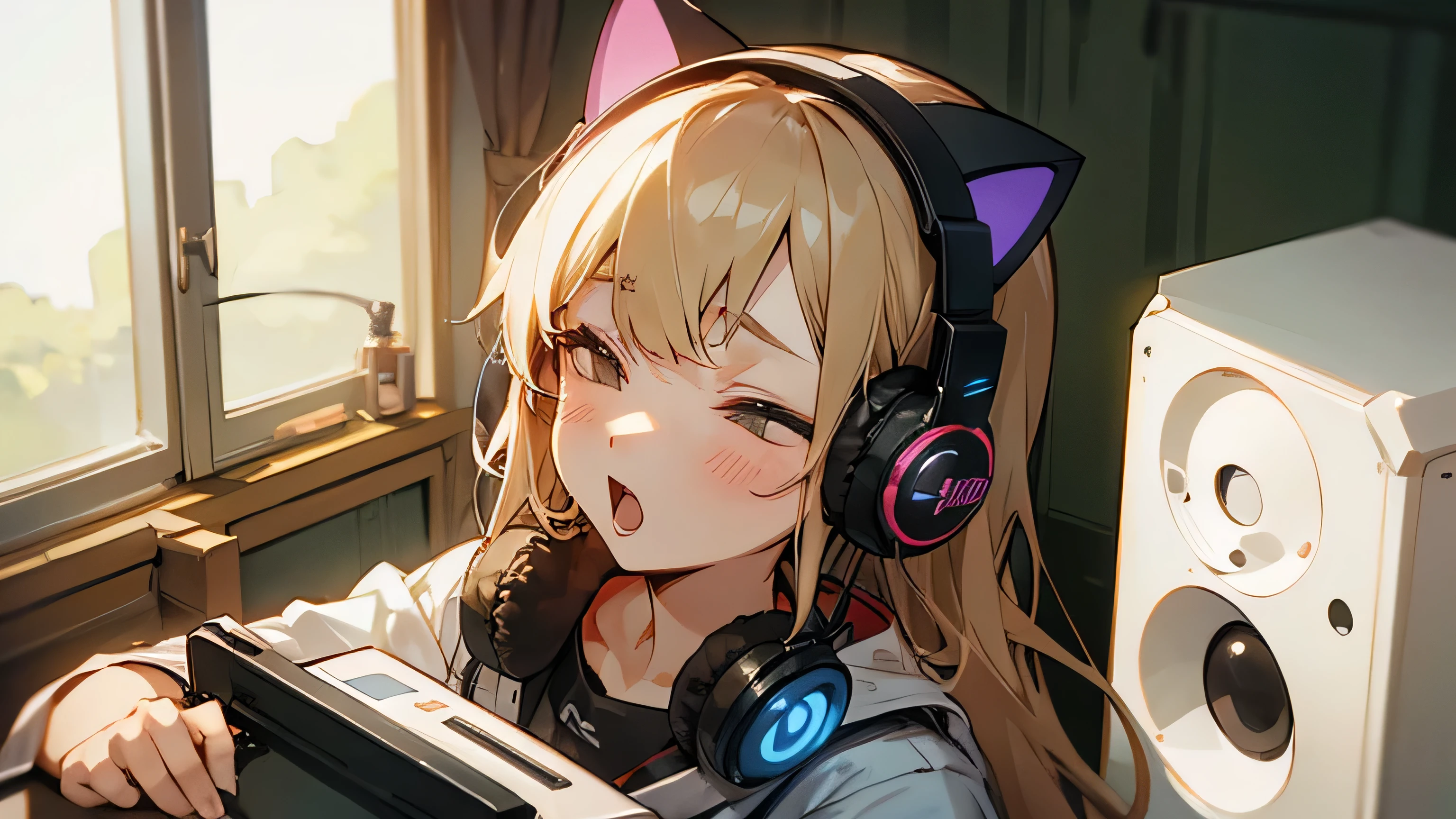 Room with speakers、Cat with headphones、Upper body close-up、Yawn