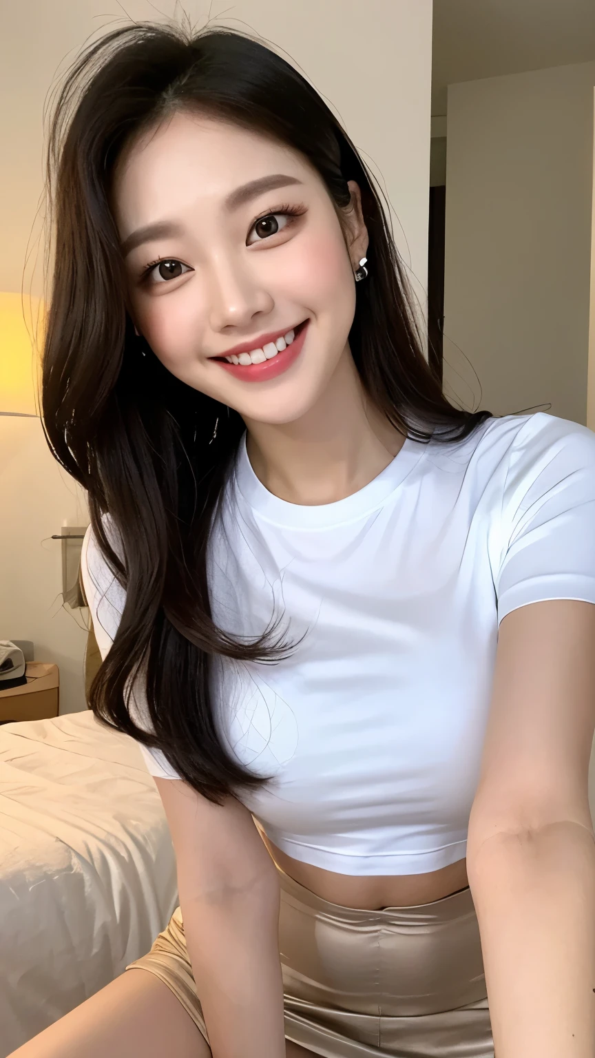 White tight shirt、White tight mini skirt、bed、smile、Short sleeve、high resolution、Korean idol face、double eyelid、White teeth