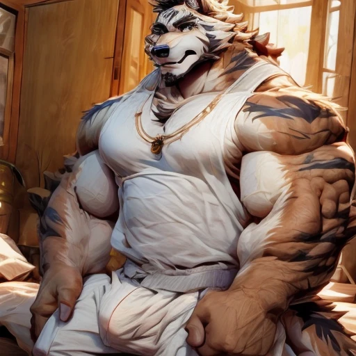 Make a wolf den, musculoso, musculos detalhados, abdomen, coxas grande, big arms, peitoral grande, peludo, olhando para o espectador com um olhar abusado, sem roupa, coberto de pelo marrom mais escuro, em um quarto estilo medial, deitado de lado em uma cama com vela ao redor, com um olhar atrativo, 4k, full HD without pants, +18, virilha detalhada, huge bulge, sem roupa