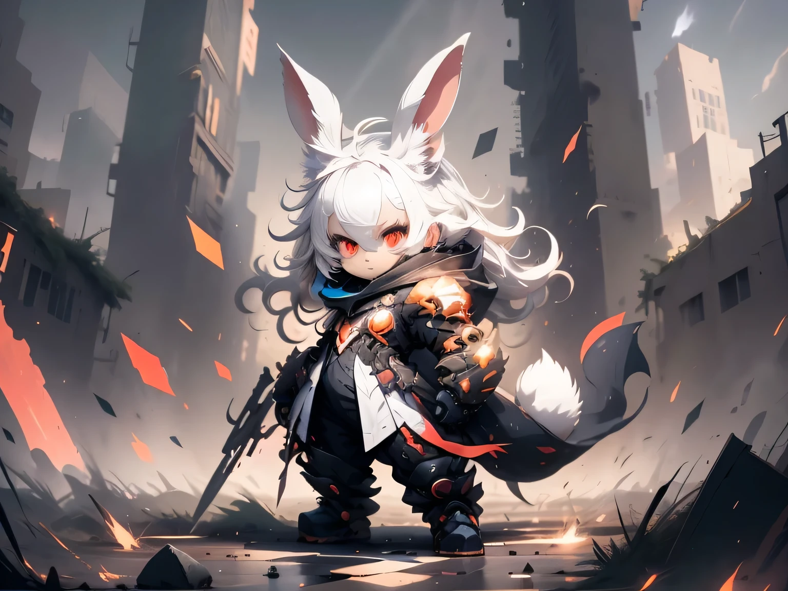 solo,1female\((chibi:1.8),cute,kawaii,small kid,(white hair:1.7),(very long hair:1.7),bangs,(ear\(fluffy white rabbit-ear\):1.3),(only 1small rabbit-tail at hip:1.2),(red eye),big eye,beautiful shiny eye,skin color white,big hairbow,(combat suit\(body suit,(very tight:1.5),weapons\)),(breast),shooting and aiming a laser gun to viewer\), BREAK ,background\(city of Rubble,viewer is destroying the city\),(close up female), BREAK ,quality\(8k,wallpaper of extremely detailed CG unit, ​masterpiece,hight resolution,top-quality,top-quality real texture skin,hyper realisitic,increase the resolution,RAW photos,best qualtiy,highly detailed,the wallpaper,golden ratio\)