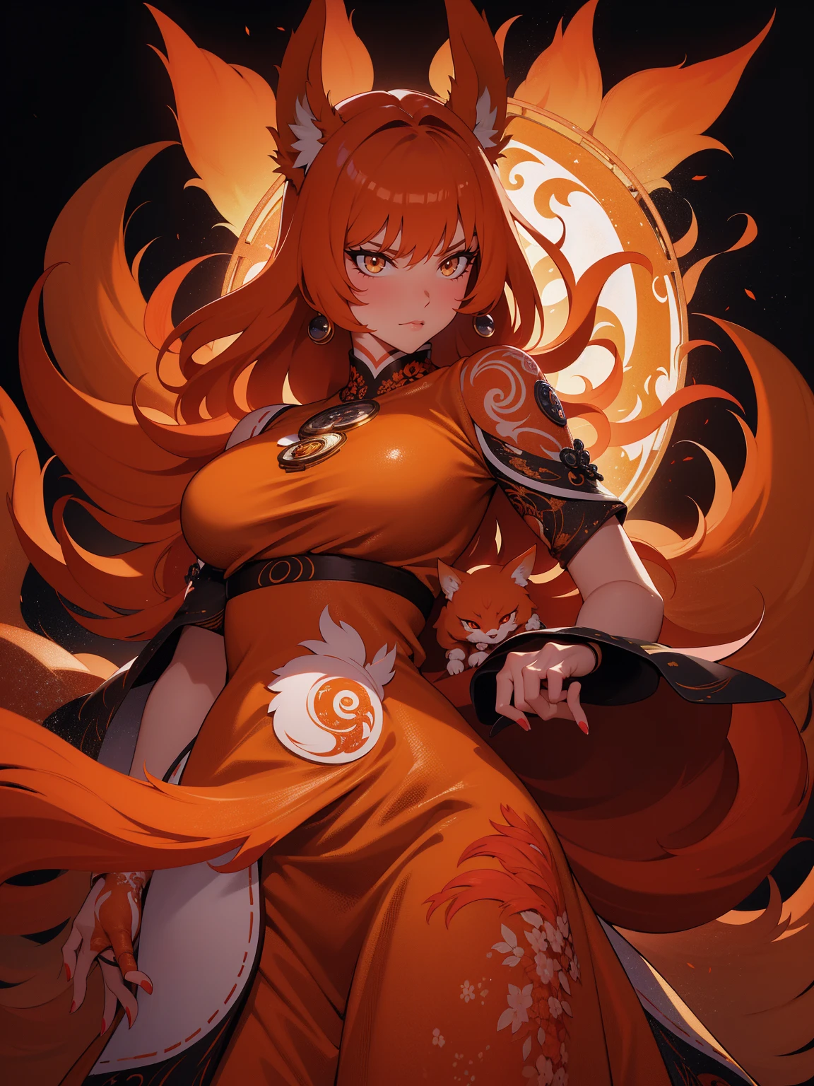 REALISTIC VISION 1.4, BETTER VAE,sharp focus, ultra detail, 32k,realistic photo, intricate details, kitsune, orange hair, oranfe eyes, intricate details ,woman, nine tails, intricate details,intricate details,big , Voluptuous body, intricate details, Miko, clothes long white dress with red details intricate details, tattoos intricate details, full body, with a orange nine tails fox , kiuubi (kurama, naruto), angry face, backwards, looking back