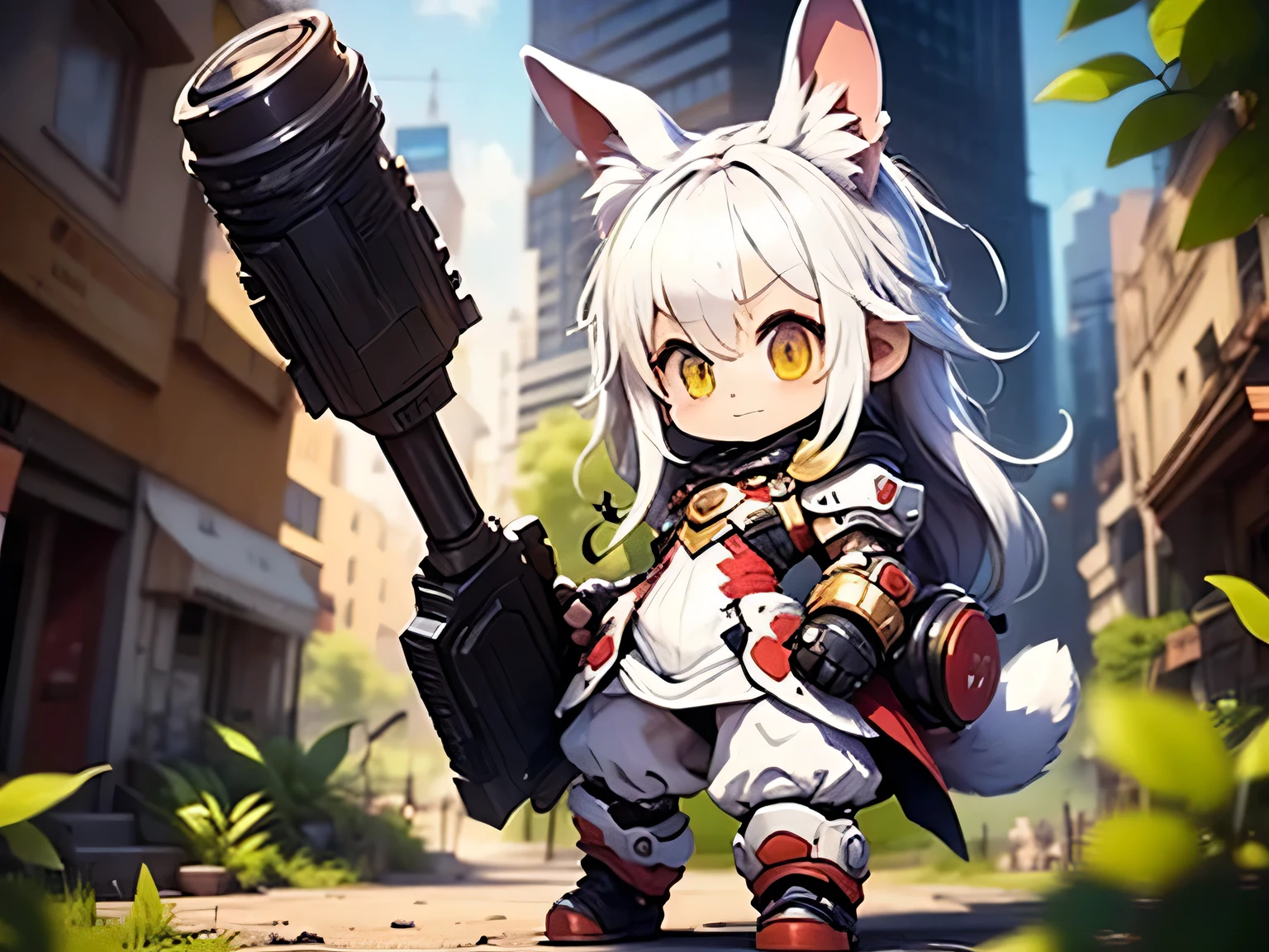 solo,1female\((chibi:1.8),cute,kawaii,small kid,(white hair:1.7),(very long hair:1.7),bangs,(ear\(fluffy white rabbit-ear\):1.3),(only 1small rabbit-tail at hip:1.2),(red eye),big eye,beautiful shiny eye,skin color white,big hairbow,(combat suit\(body suit,(very tight:1.5),weapons\)),(breast),shooting and aiming a laser gun to giant monster cat\), BREAK ,background\(city of Rubble,giant cats are destroying the city\),(close up female), BREAK ,quality\(8k,wallpaper of extremely detailed CG unit, ​masterpiece,hight resolution,top-quality,top-quality real texture skin,hyper realisitic,increase the resolution,RAW photos,best qualtiy,highly detailed,the wallpaper,golden ratio\)