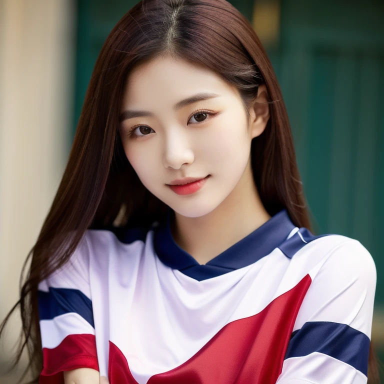 Close-up of a woman wearing a volleyball shirt Crimson expensive silk, beautiful south korean woman, Korean girl, gorgeous young korean woman, beautiful young korean woman, korean woman, beautiful Asian girl, Chinese girl, Asian girl, Gorgeous Chinese model, Asian girl with long hair, Beautiful Asian woman, Thai anime girl, The face of a beautiful Japanese girl, Cute young Korean face