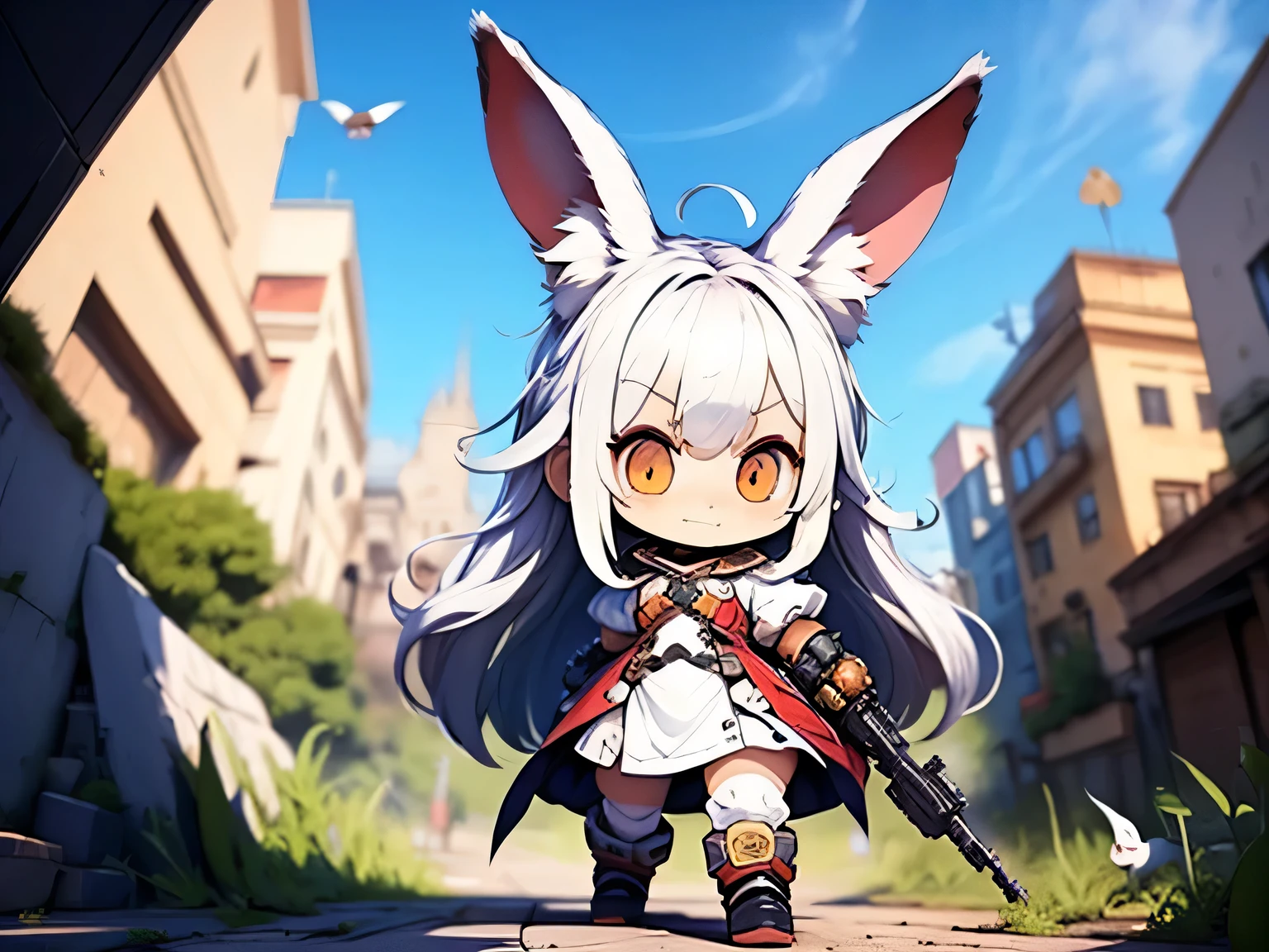 solo,1female\((chibi:1.8),cute,kawaii,small kid,(white hair:1.7),(very long hair:1.7),bangs,(ear\(fluffy white rabbit-ear\):1.3),(only 1small rabbit-tail at hip:1.2),(red eye),big eye,beautiful shiny eye,skin color white,big hairbow,(combat suit\(bodysuit,skin tight,body suit,(very tight:1.5),weapons\)),(breast),shooting and aiming a laser gun to giant monster cat\), BREAK ,background\(city of Rubble,giant cats are destroying the city\),(close up female), BREAK ,quality\(8k,wallpaper of extremely detailed CG unit, ​masterpiece,hight resolution,top-quality,top-quality real texture skin,hyper realisitic,increase the resolution,RAW photos,best qualtiy,highly detailed,the wallpaper,golden ratio\)