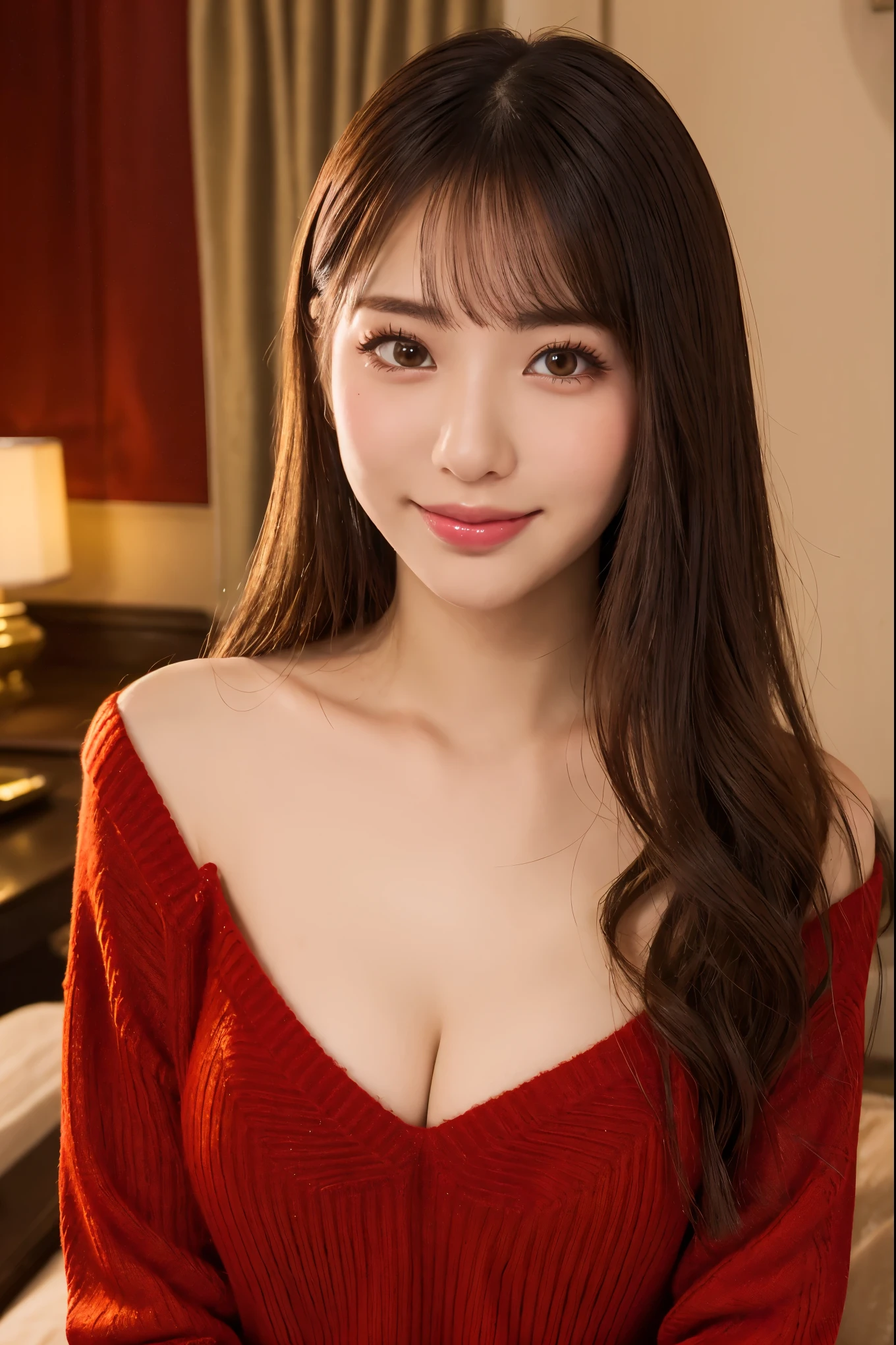 (highest quality、Tabletop、8k、Best image quality、Award-winning works)、(One Girl, :1.1)、(Perfect V-neck long knit red sweater:1.3)、Red eyeshadow、Perfect Makeup、Long eyelashes、Ultra-high definition sparkling eyes、Ultra HD Hair、Ultra High Resolution Glossy Lips、Super high definition cute face、Brown Hair、Big Breasts、Cleavage、Look at me and smile、Accurate anatomy、(Face close-up:1.1)、Luxury Love Hotel、(The most atmospheric and warm lighting:1.1)、Blurred luxury love hotel background