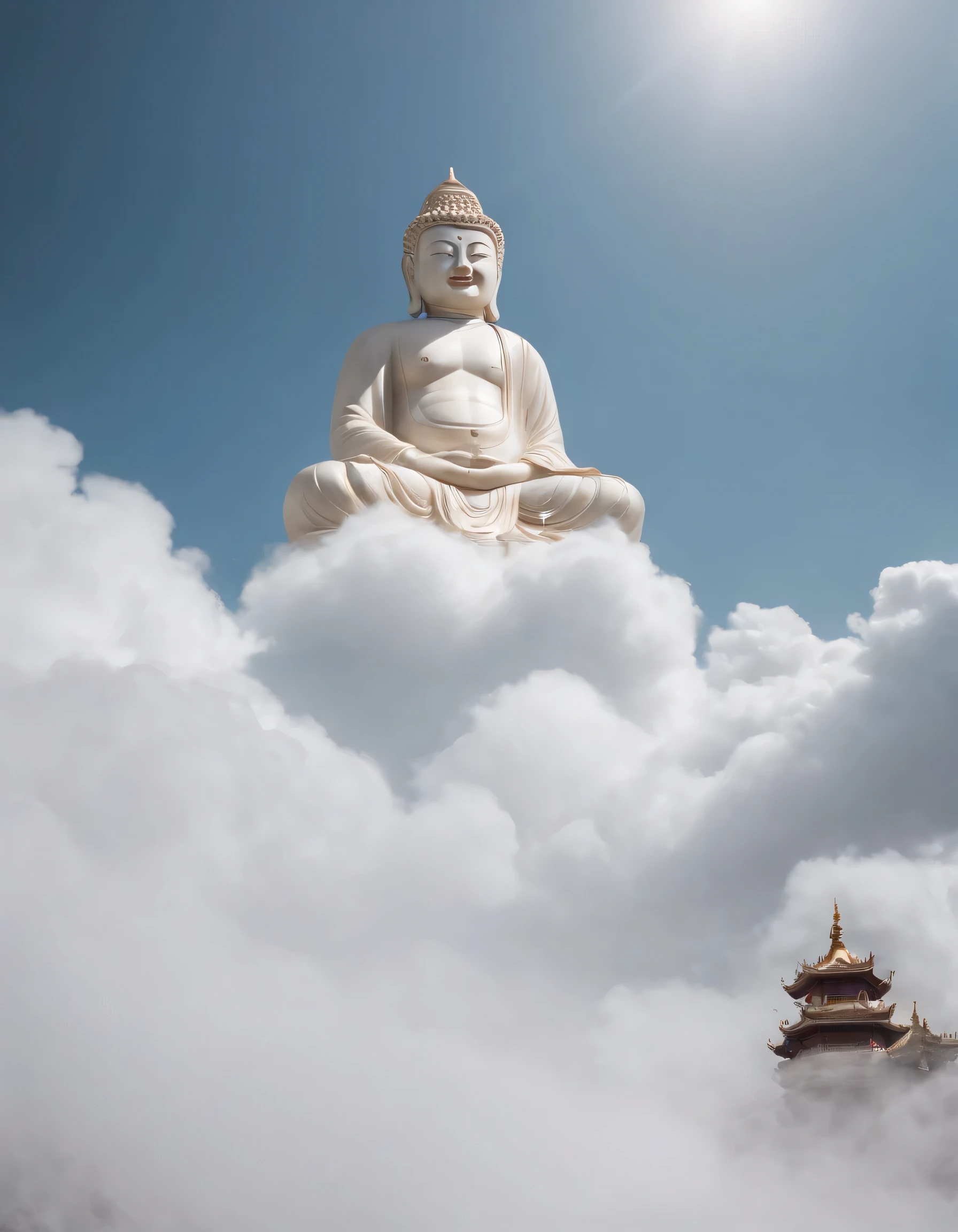 ((On the table))，(best quality))，Chinese style，in the sky, The clouds formed a huge transparent、Shining white jade Maitreya Buddha statue，Thick clouds，Sunshine，Pilgrims on the road，Surrealism，Super real photos，pink，8K，HD，high quality，masterpiece，Ultra-fine，（（（overclocked renderer）））