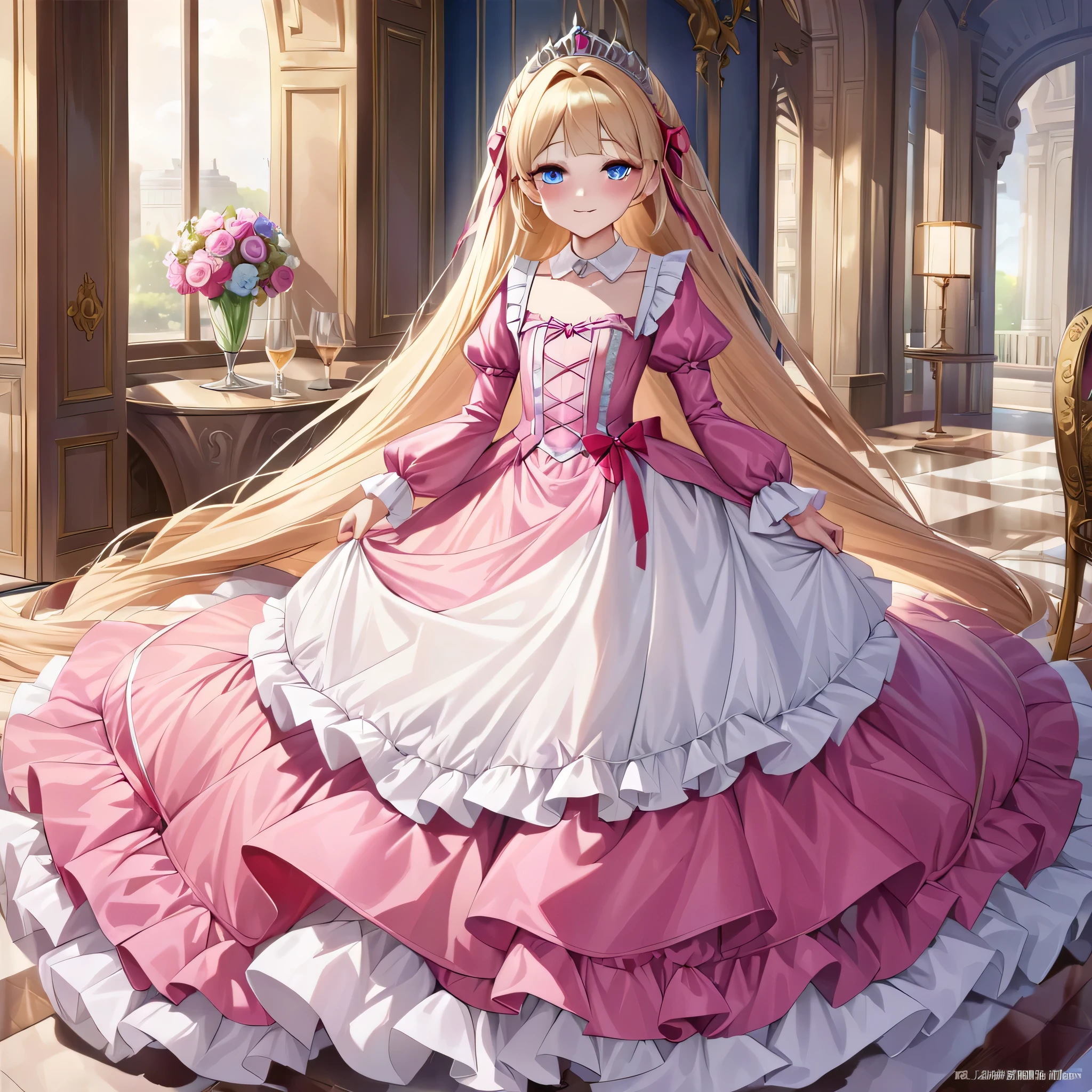 ,highest quality, masterpiece, highest resolution, artwork, 3K realistic photos,,((10 year old s)),Super detailed baby face,both are princesses,Full length ball gown dress with hoop skirt,ruffled yoke collar,Detailed braided ribbon on chest,puff sleeves,long sleeve,((Lolita stylt pink detailed princess satin dress、Comes with lots of frills and ribbons。)),shiny silk satin dress,soft and smooth silk satin fabric,luxury,Very long blonde hair,blue eyes,white skin european,pajamas,((Outside the palace)),Princess dancing happily,gorgeous flowing dress,fine white frills and lace,Super long hair that is as tall as your body,the princess is running