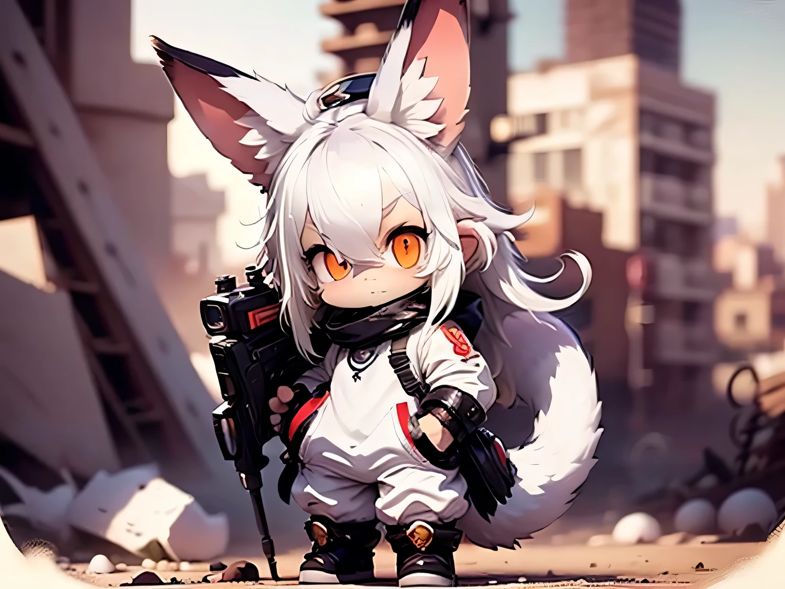 solo,1female\((chibi:1.8),cute,kawaii,,(white hair:1.7),(very long hair:1.7),bangs,(ear\(fluffy white rabbit-ear\):1.3),(only 1small rabbit-tail at hip:1.2),(red eye),big eye,beautiful shiny eye,skin color white,big hairbow,(combat suit\(hourglass body shape,bodysuit,skin tight,body suit,(very tight:1.5),weapons\)),(breast:1.3),shooting and aiming a laser gun to giant monster cat\), BREAK ,background\(city of Rubble,giant cats are destroying the city\),(close up female), BREAK ,quality\(8k,wallpaper of extremely detailed CG unit, ​masterpiece,hight resolution,top-quality,top-quality real texture skin,hyper realisitic,increase the resolution,RAW photos,best qualtiy,highly detailed,the wallpaper,golden ratio\)