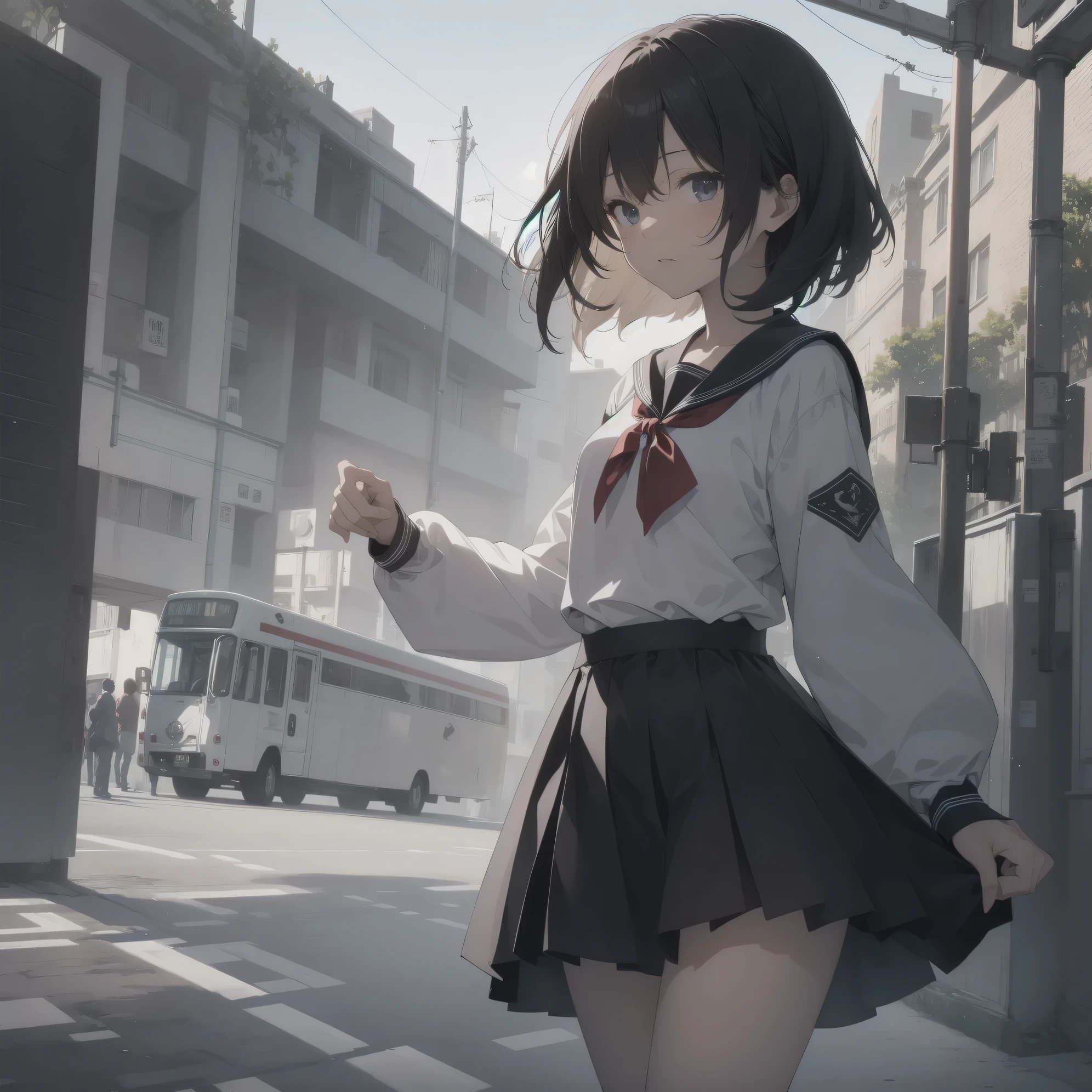 ultra-absurdres-Top quality by artist God, ultra-detailed, high resolution, anime moe artstyle, best anime 8k konachan wallpaper, pixiv contest winner, pool:2810, perfect anatomy,break, 1girl, (Please draw a girl walking sleepily to school alone. )break,(Solo,little female, 13-year-old:1.3),Full limbs, complete fingers,a junior high school student, (very short hair), short cut, flat chest, , small butt, small black eyes, beautiful detailed eyes, well-proportioned iris and pupils, expressive eyes, highres detailed hair, soft expression, salor school_uniform, sailor collar, serahuku, bow, pleated skirt,(Detailed Lighting), (Detailed background), in the School commute route. break,super detailed skin, Best cinematic lighting powered by famous artist, 8k,beauty illustration,photoshop_(medium),very aesthetic,break,((artist:nyantcha )), artist:clamp ,artist:carnelian ,artist:kantoku ,