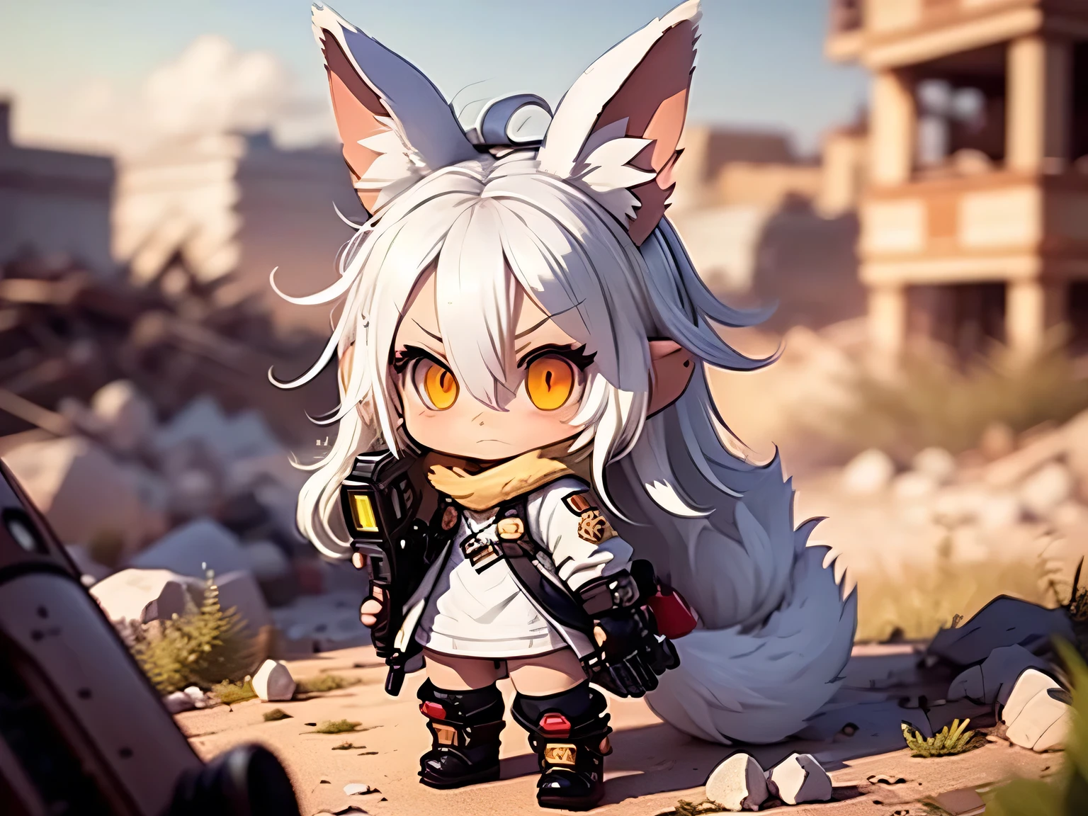 solo,1female\((chibi:1.8),cute,kawaii,small kid,(white hair:1.7),(very long hair:1.7),bangs,(ear\(fluffy white rabbit-ear\):1.3),(only 1small rabbit-tail at hip:1.2),(red eye),big eye,beautiful shiny eye,skin color white,big hairbow,(combat suit\(bodysuit,skin tight,body suit,(very tight:1.5),weapons\)),(breast),shooting and aiming a laser gun to giant monster cat\), BREAK ,background\(city of Rubble,giant cats are destroying the city\),(close up female), BREAK ,quality\(8k,wallpaper of extremely detailed CG unit, ​masterpiece,hight resolution,top-quality,top-quality real texture skin,hyper realisitic,increase the resolution,RAW photos,best qualtiy,highly detailed,the wallpaper,golden ratio\)