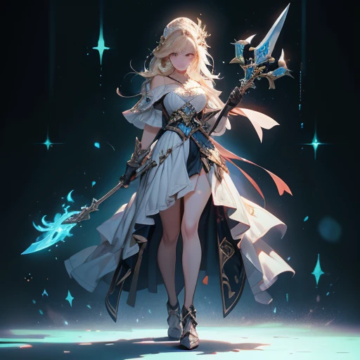 Design a layout showcase Gaming character, (1girl). Golden+Purle clothes, stylish and unique, ((showcase weapon:1.4)), magic staff, (masterpiece:1.2), (best quality), 4k, ultra-detailed, (Step by step design, layout art:1.5), (luminous lighting, atmospheric lighting), magican, ((glove full hands)), (((revealing clothes:1.3))), vambraces, armored legwear, (((full_body_shot:1.4)))
