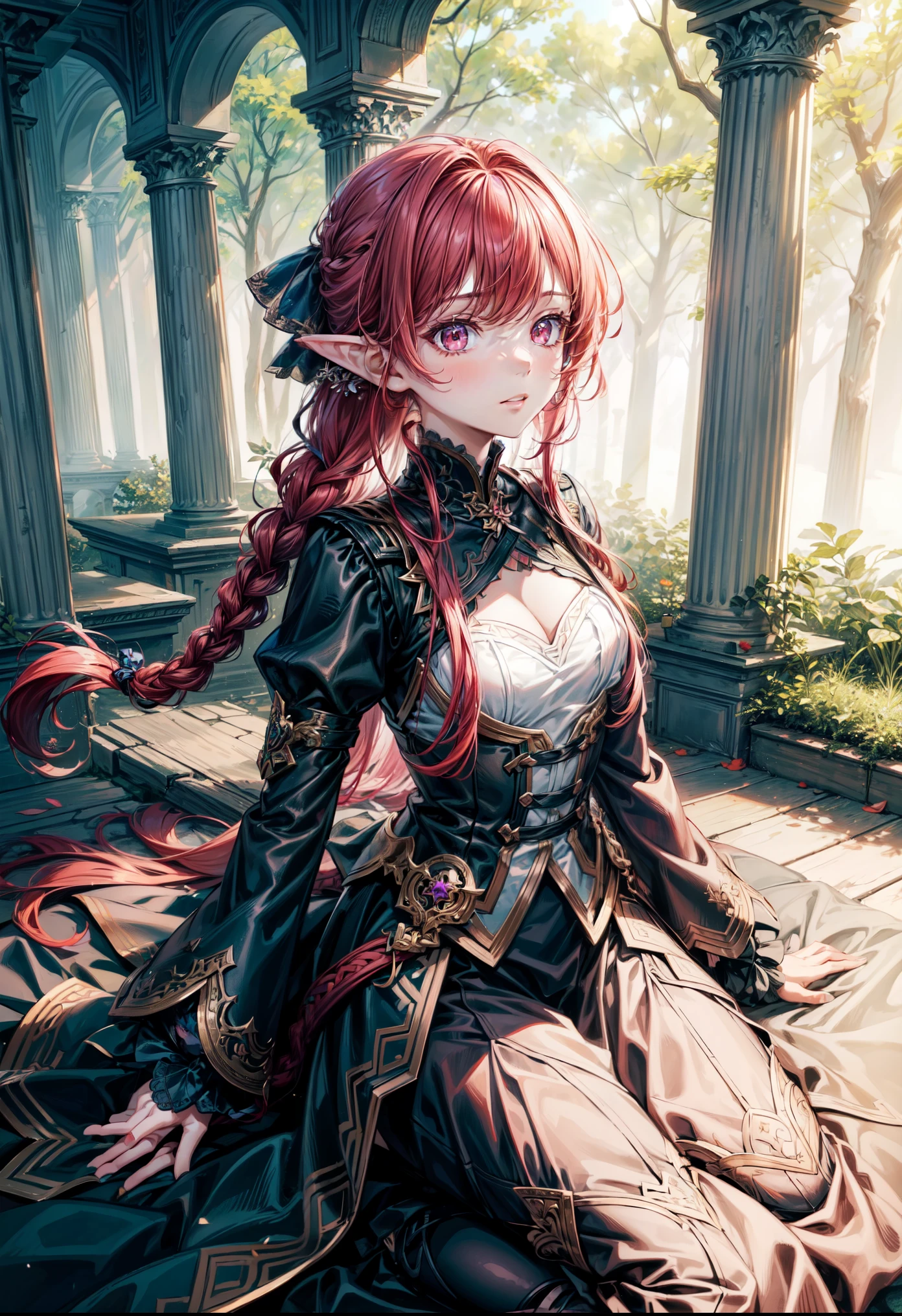 1 girl,1boy, couple ,(alone:1.3), siblings ,((best quality)), ((masterpiece)), (detailed), perfect face, elf, young,  forest,, sword , warrior ,snow,mauve red hair, braid, ,sexy ,pink eyes, dynamic pose 