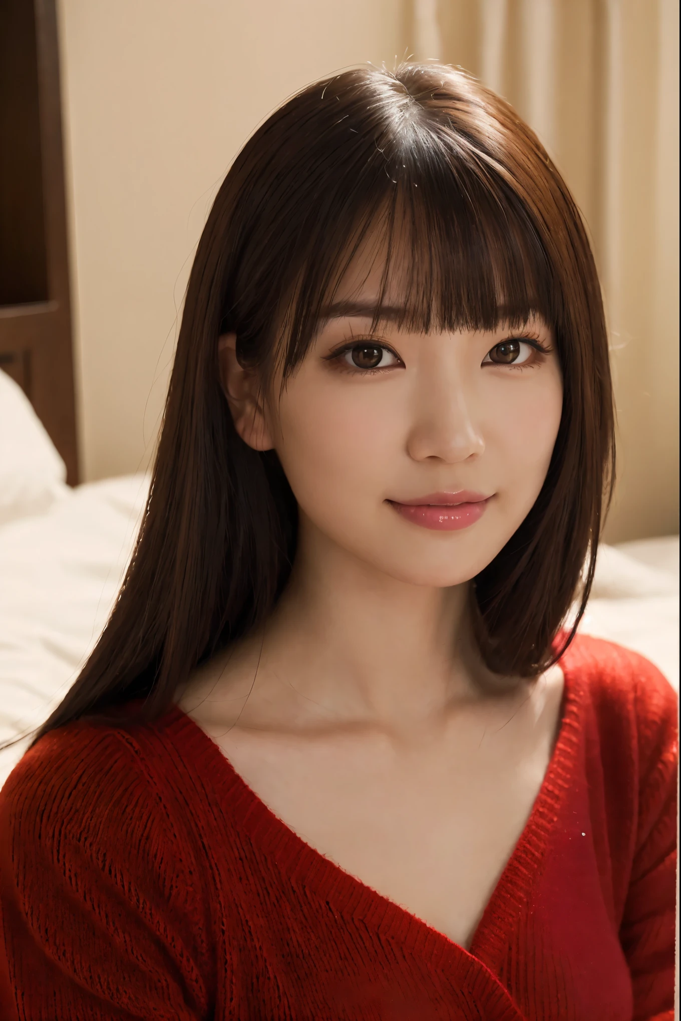 (highest quality、Tabletop、8k、Best image quality、Award-winning works)、(One Girl, 15 years old:1.1)、(Perfect V-neck long knit red sweater:1.3)、Red eyeshadow、Perfect Makeup、Long eyelashes、Ultra-high definition sparkling eyes、Ultra HD Hair、Ultra High Resolution Glossy Lips、Ultra HD cute face、Brown Hair、Big Breasts、Cleavage、Look at me and smile、Accurate anatomy、Face close-up、Luxury Love Hotel、(The most atmospheric and warm lighting:1.1)、Blurred Background