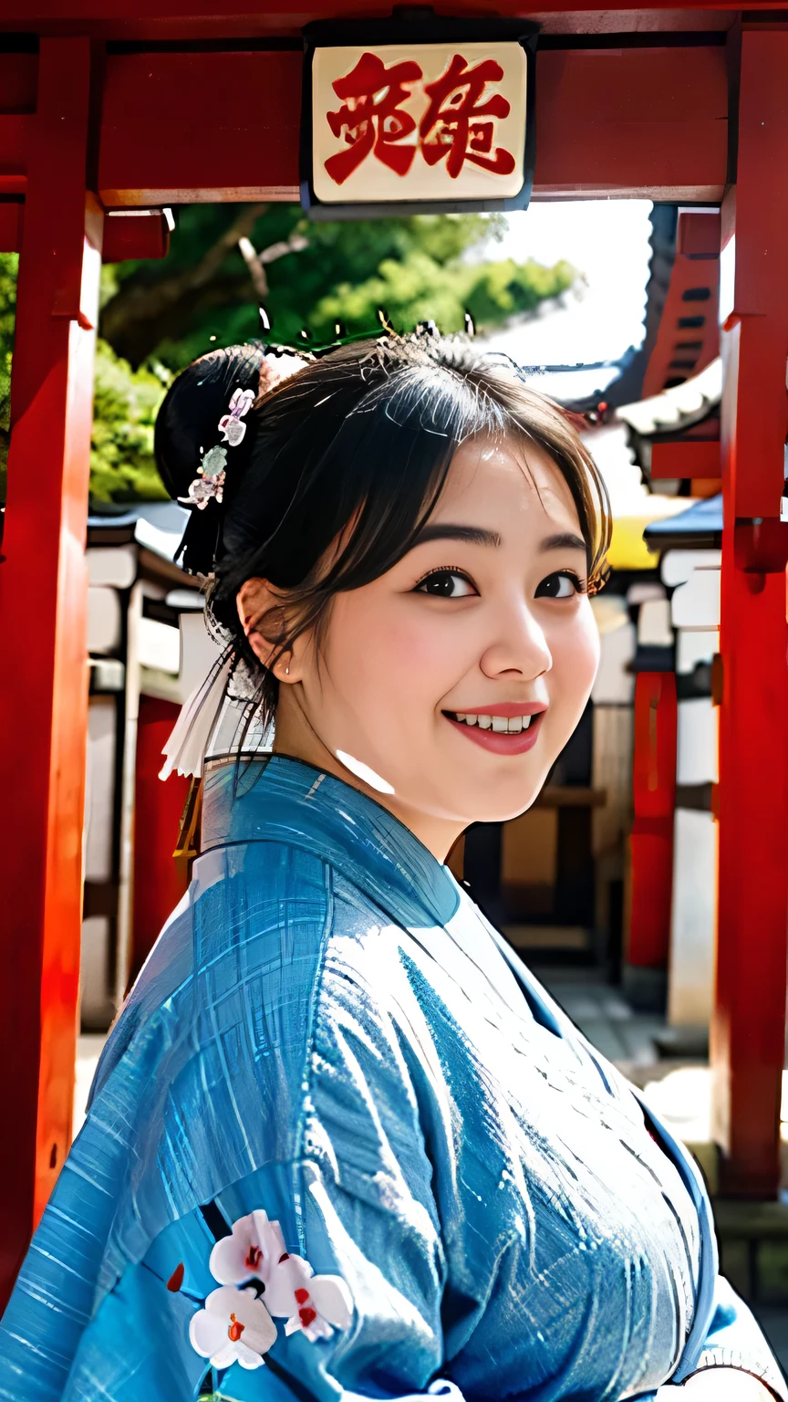 Fat Woman, Obese, Big Size, Round face, Double chin, Overweight,Updo , kimono,shrine,,Looking at the camera,smile、