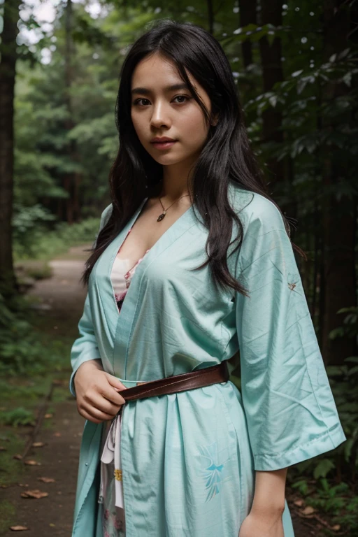 Maomao, 18 year old Asian girl, long messy greenish black hair, blue eyes, white skin, pink dress with green kimono with pastel green belt, spider print, matching crystal flower necklace. Forest background with fog aura around black color