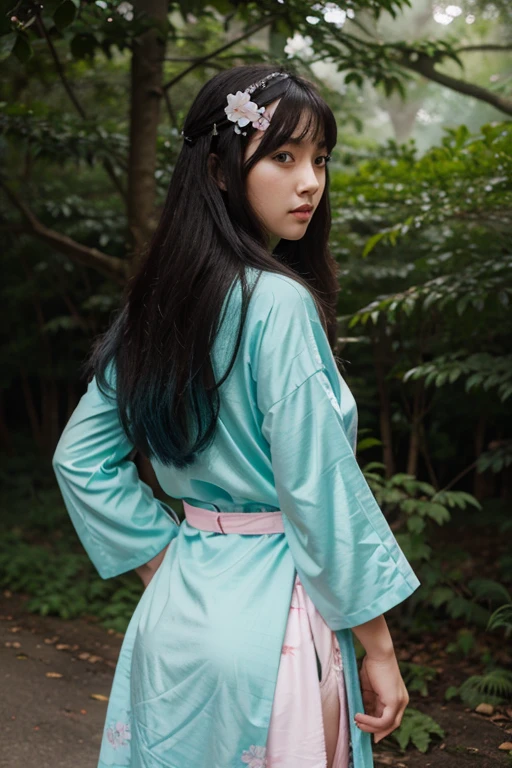 Maomao, 18 year old Asian girl, long messy greenish black hair, blue eyes, white skin, pink dress with green kimono with pastel green belt, spider print, matching crystal flower necklace. Forest background with fog aura around black color