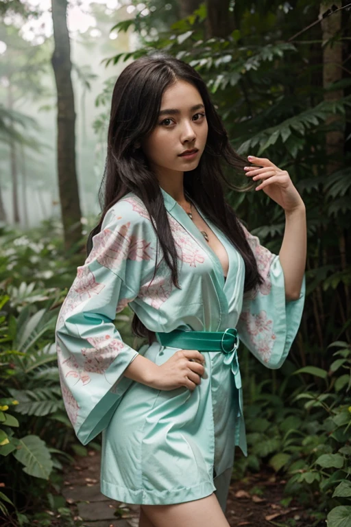 Maomao, 18 year old Asian girl, long messy greenish black hair, blue eyes, white skin, pink dress with green kimono with pastel green belt, spider print, matching crystal flower necklace. Forest background with fog aura around black color