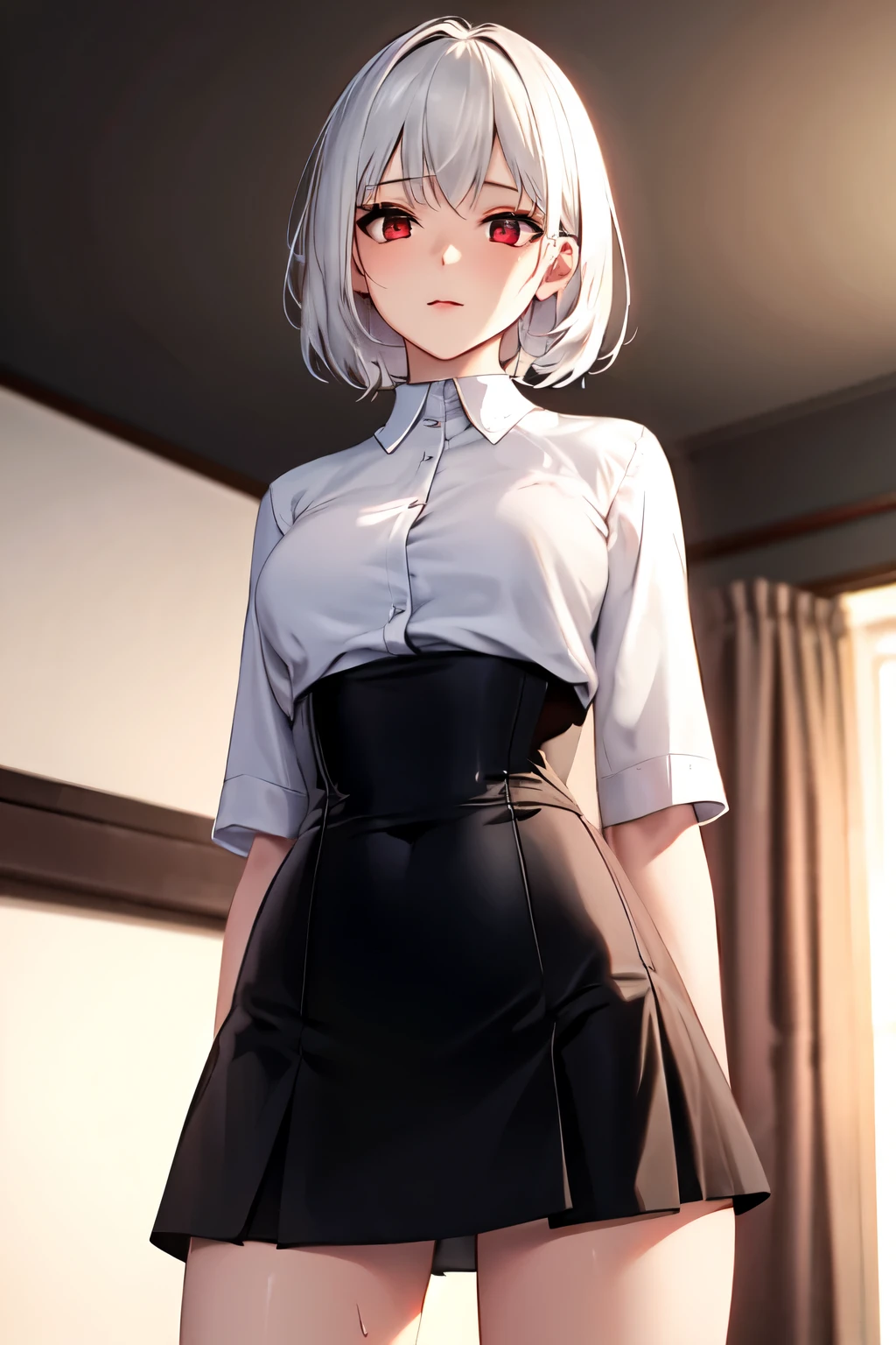 ((best quality)), ((masterpiece)), (detailed), Perfect face((best quality)), ((masterpiece)), (detailed), 4K quality,Ultra HD,Perfect face,White hair,Red eyes,White shirt,Black corset,Black hip skirt,sweat,Room Background,short hair,Standing,Look up at the screen,full,Micro-leakage