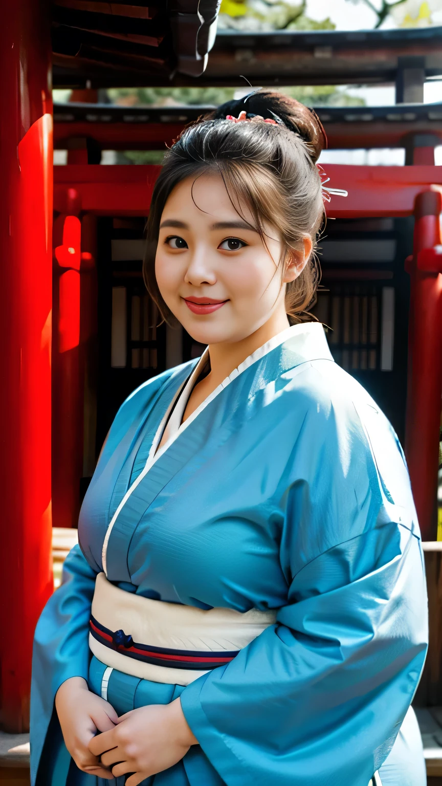 Fat Woman， Obese, Big Size, Round face, Double chin, Overweight,Updo , kimono，shrine，，Looking at the camera，smile、