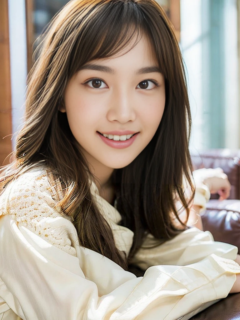 masterpiece,best quality,(Japanese ),((Beautiful girl)),indoor,(perfect body beauty:1.2),(shy smile),beautiful teeth,