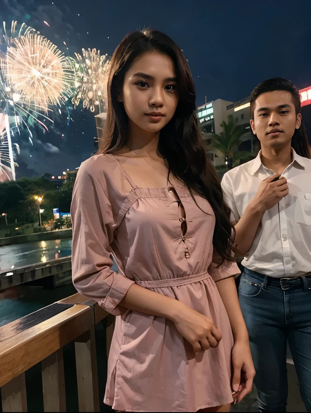 Handsome young Indonesian man with middle-parted hair, Shirt and jeans. She wore an elegant mini dress、I took a photo with a beautiful young Indonesian woman with long wavy hair。. on fireworks night