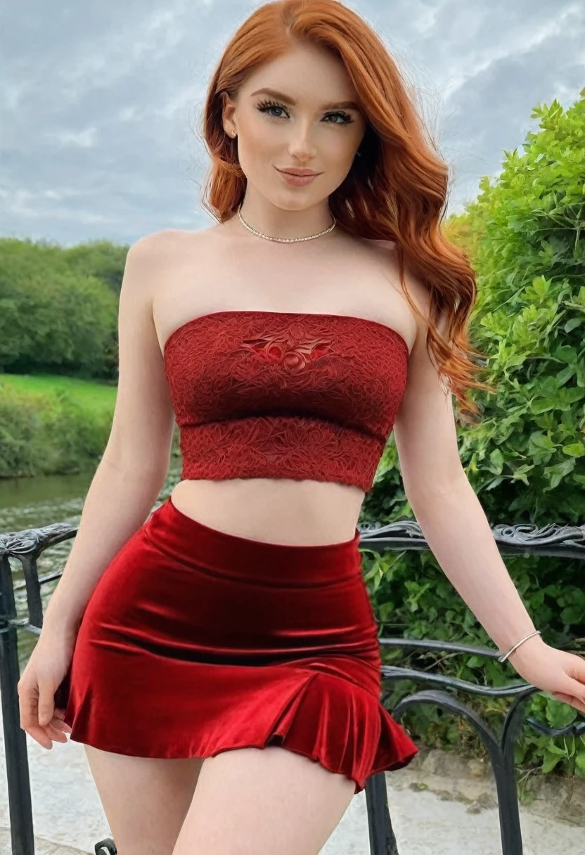 (best high quality:1.5), obra de arte, ((8k)), extremely detailed, (High details:1.4), (Hotlexi woman), Solo, 24 years old irish red-haired, female, (micro-skirt and crop top strapless), 