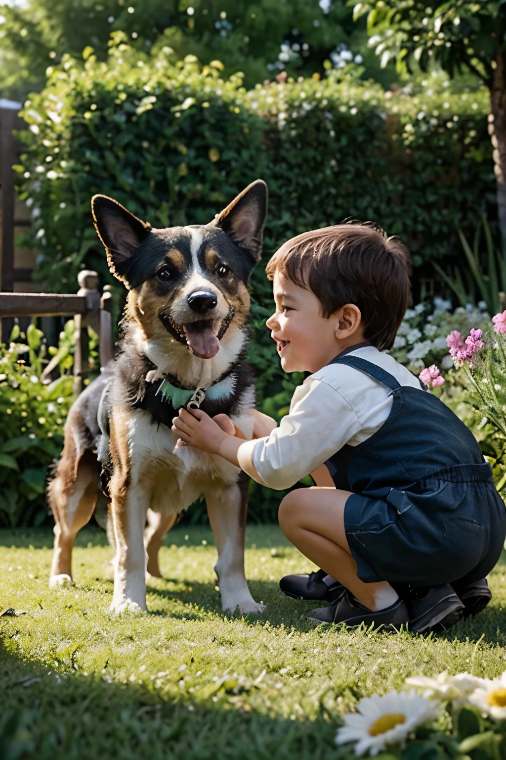Create an image with maximum quality and advanced levels of detail, in a cinematic style. The image must depict a dog playing with a in a garden. Certifique-se de incluir detalhes ricos, like the expression of joy on the child's face, o movimento do cachorro, flores coloridas, trees and a clear blue sky in the background. Lighting should be soft and natural, capturando a atmosfera vibrante e alegre do momento.