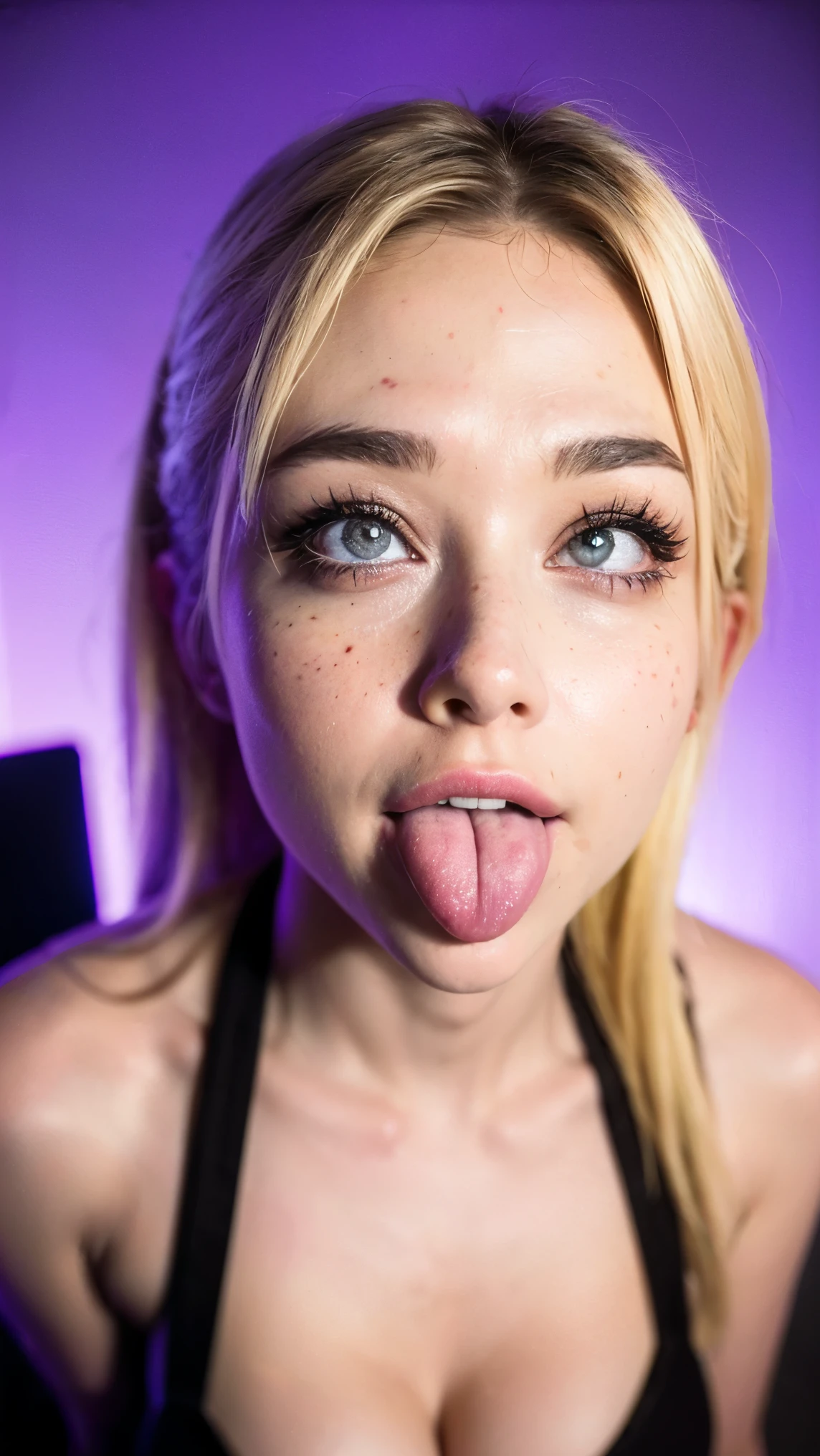 (ultra realistic),Photo, high quality, Analog Photography Ahegao , (low lighting), (neon atmosphere) light background ,portrait, 1 girl, Ahegao, blonde,(chölka) , view from above, detailed eyes, (ultra detailed) gozo