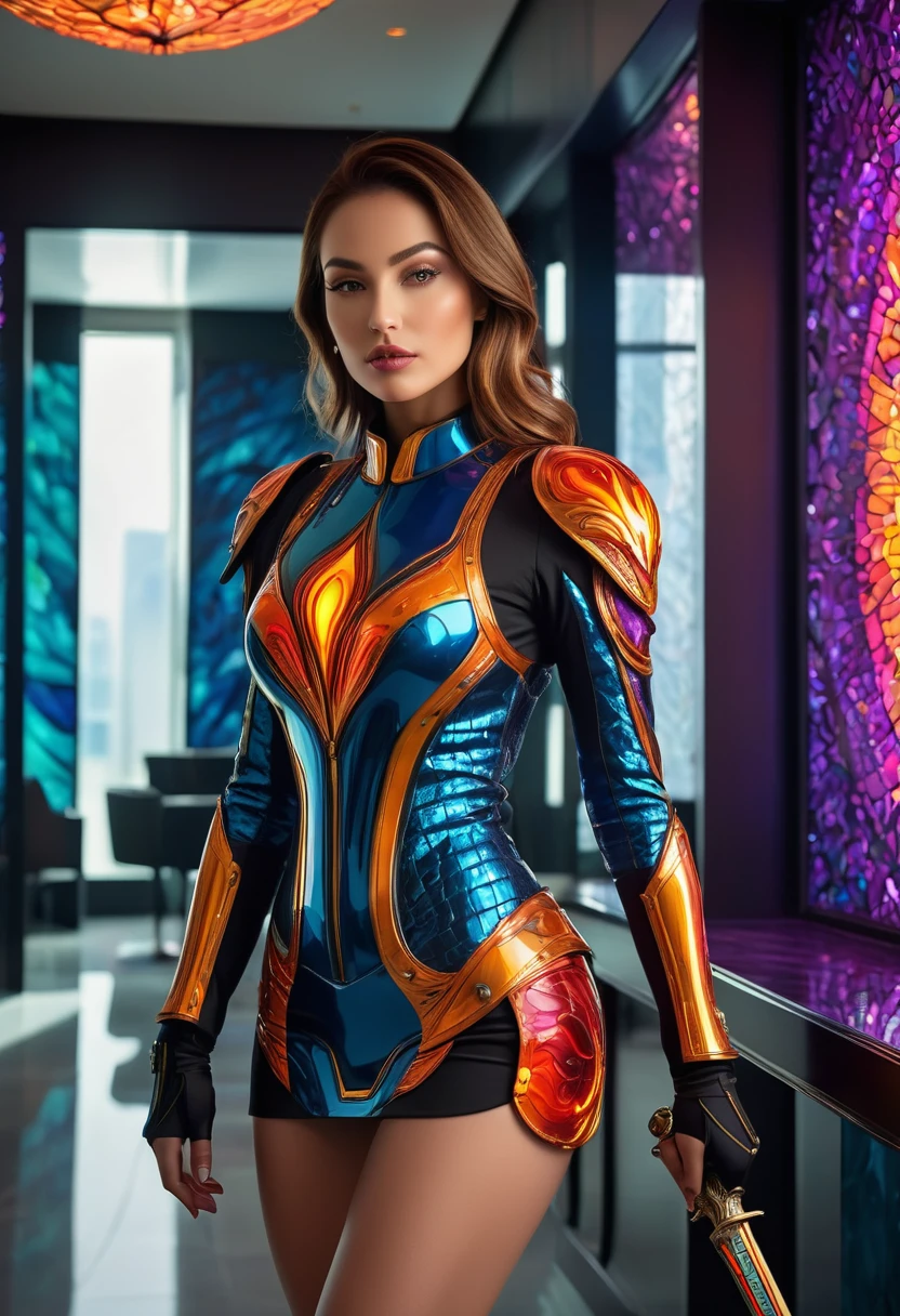 A woman stands in the private reception area, The room is decorated with avant-garde art installations, Brighten up a space with vibrant colors and dynamic patterns. Luxurious futuristic tight combat suit, miniskirt, holding flaming sword. Carved with intricate details. The focus is mainly on her upper body, The frame is elegantly cut at the waist, Highlighting her slender figure and graceful curves. Her face is a blend of delicate mechanical features and perfectly human features.. Fascinating eye details. Well-defined lips, Showing softness, The natural hue complements her overall look. The diffused light highlights her perfect complexion. The room is bathed in stunning HDR lighting, Through the perfect balance of shadows and highlights，Create a dreamy atmosphere. Emphasize intricate details of the surrounding environment through ultra-detail technology, See every small detail with stunning clarity. The textures and materials of the room are rendered with great precision, Showcasing a variety of luxurious surfaces, From smooth glass panels to reflective metal trim. The overall mood of the image is a blend of futuristic decadence and sophistication. Bright and vivid colors, A touch of surrealism，Adds depth and visual interest to the scene.