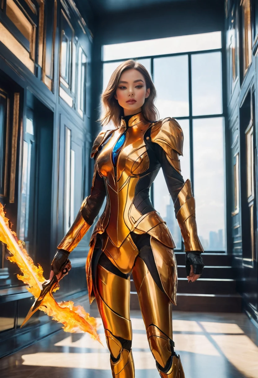 A woman stands in the private reception area, The room is decorated with avant-garde art installations, Brighten up a space with vibrant colors and dynamic patterns. Luxurious futuristic tight combat suit, miniskirt, holding flaming sword. Carved with intricate details. The focus is mainly on her upper body, The frame is elegantly cut at the waist, Highlighting her slender figure and graceful curves. Her face is a blend of delicate mechanical features and perfectly human features.. Fascinating eye details. Well-defined lips, Showing softness, The natural hue complements her overall look. The diffused light highlights her perfect complexion. The room is bathed in stunning HDR lighting, Through the perfect balance of shadows and highlights，Create a dreamy atmosphere. Emphasize intricate details of the surrounding environment through ultra-detail technology, See every small detail with stunning clarity. The textures and materials of the room are rendered with great precision, Showcasing a variety of luxurious surfaces, From smooth glass panels to reflective metal trim. The overall mood of the image is a blend of futuristic decadence and sophistication. Bright and vivid colors, A touch of surrealism，Adds depth and visual interest to the scene.